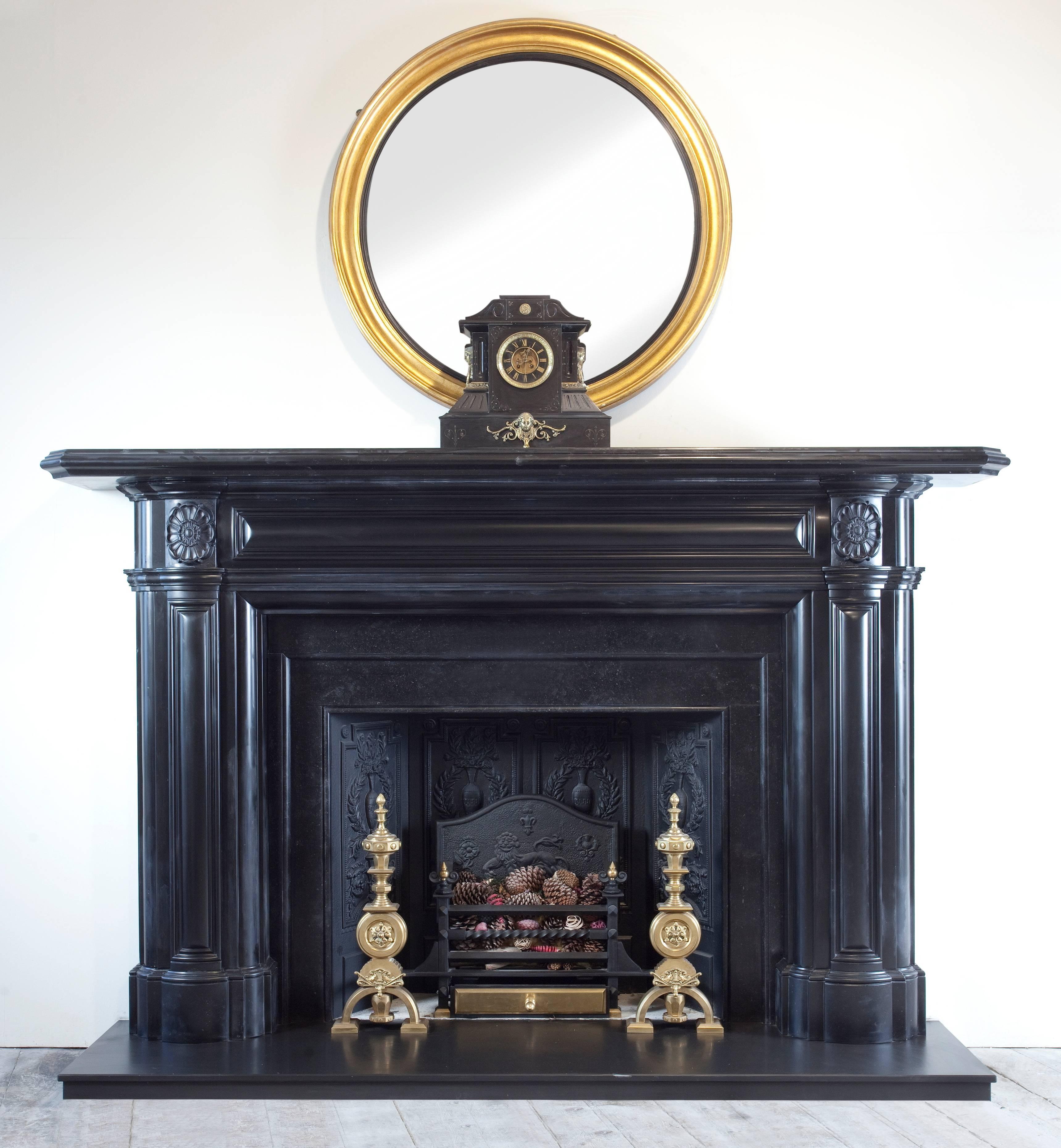 Impressive 19th century Victorian carved Irish black marble fire surround originating from Necarne Castle, Irvinestown, County Fermanagh. 

Aperture measurements:
Width 60 inches
Height 48 inches

The fire surround is shown with new Irish