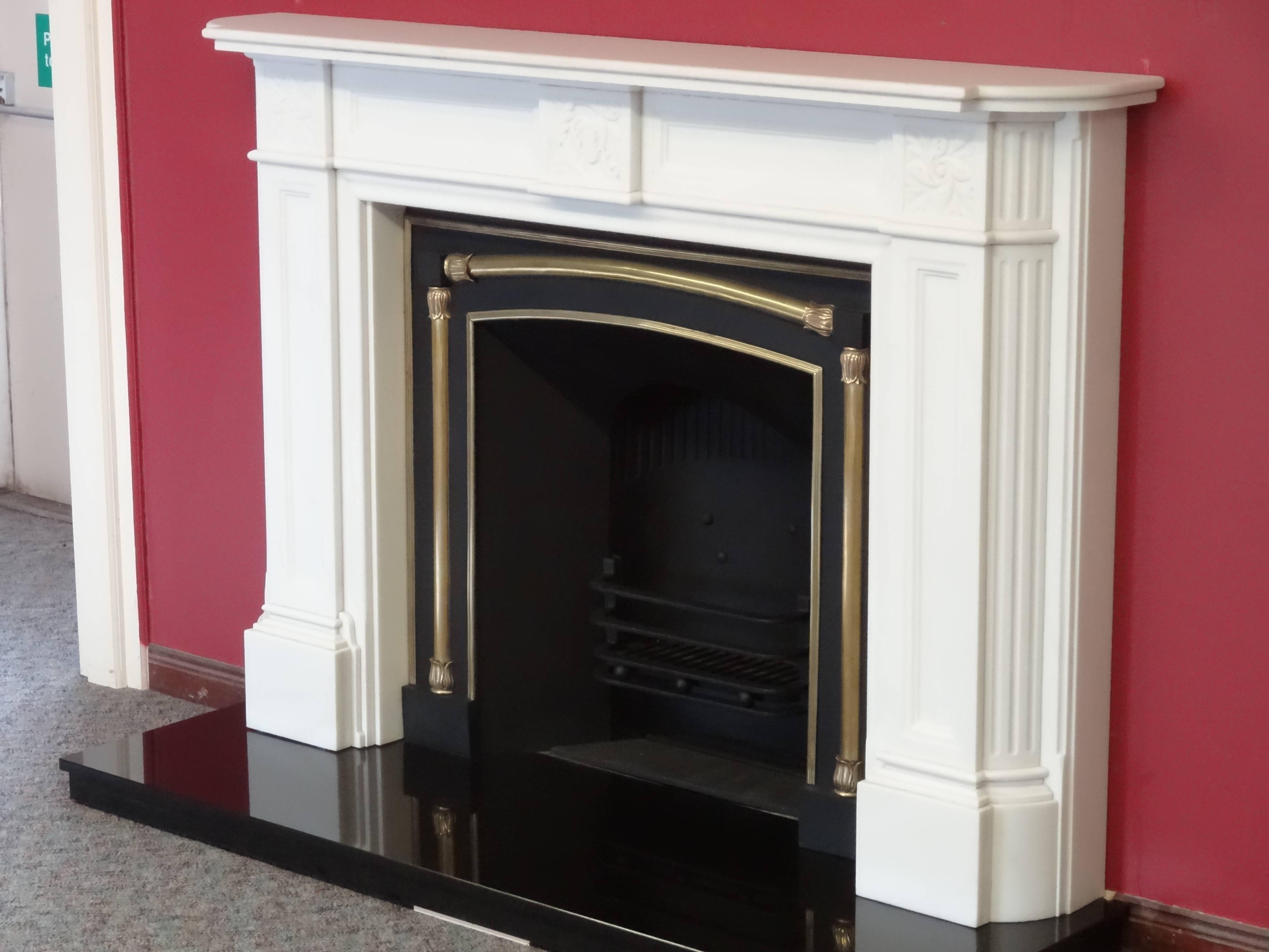Great Britain (UK) Victorian Style Carved White Marble Fireplace with Antique Victorian Fire Grate For Sale