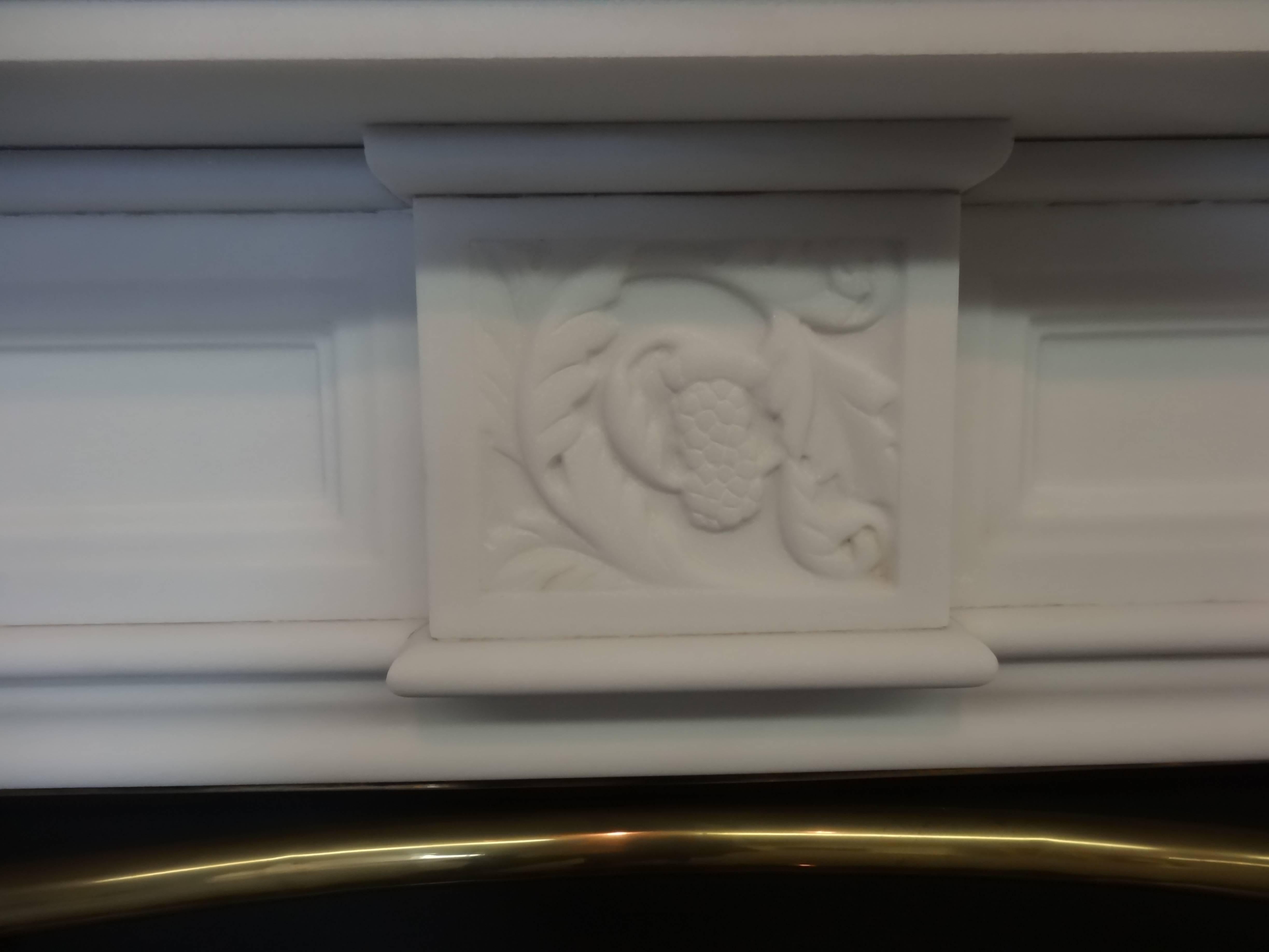 Brass Victorian Style Carved White Marble Fireplace with Antique Victorian Fire Grate For Sale