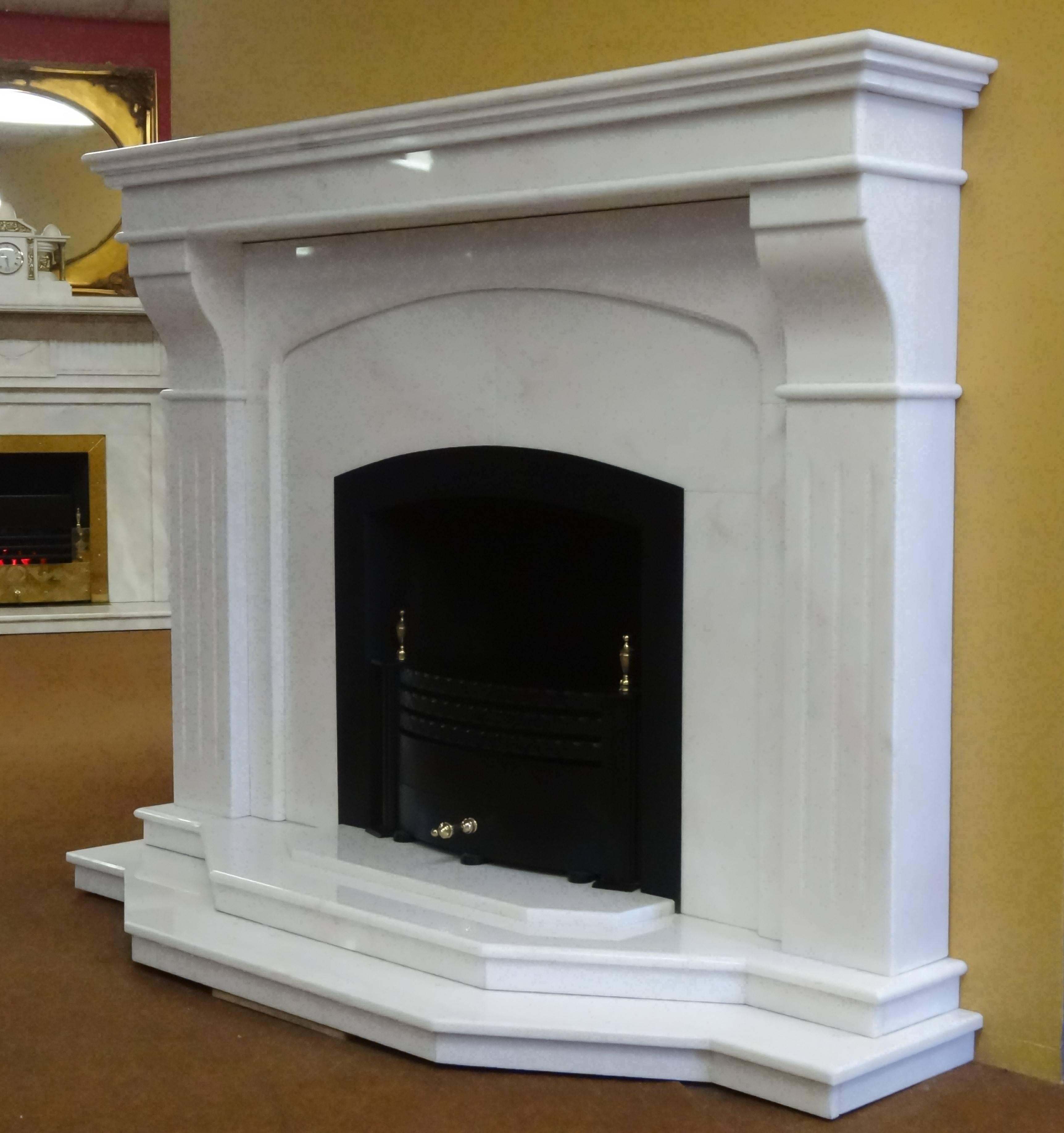 Other 21st Century Contemporary Carved Marble Fireplace with Metal Trim and Fire Grate For Sale