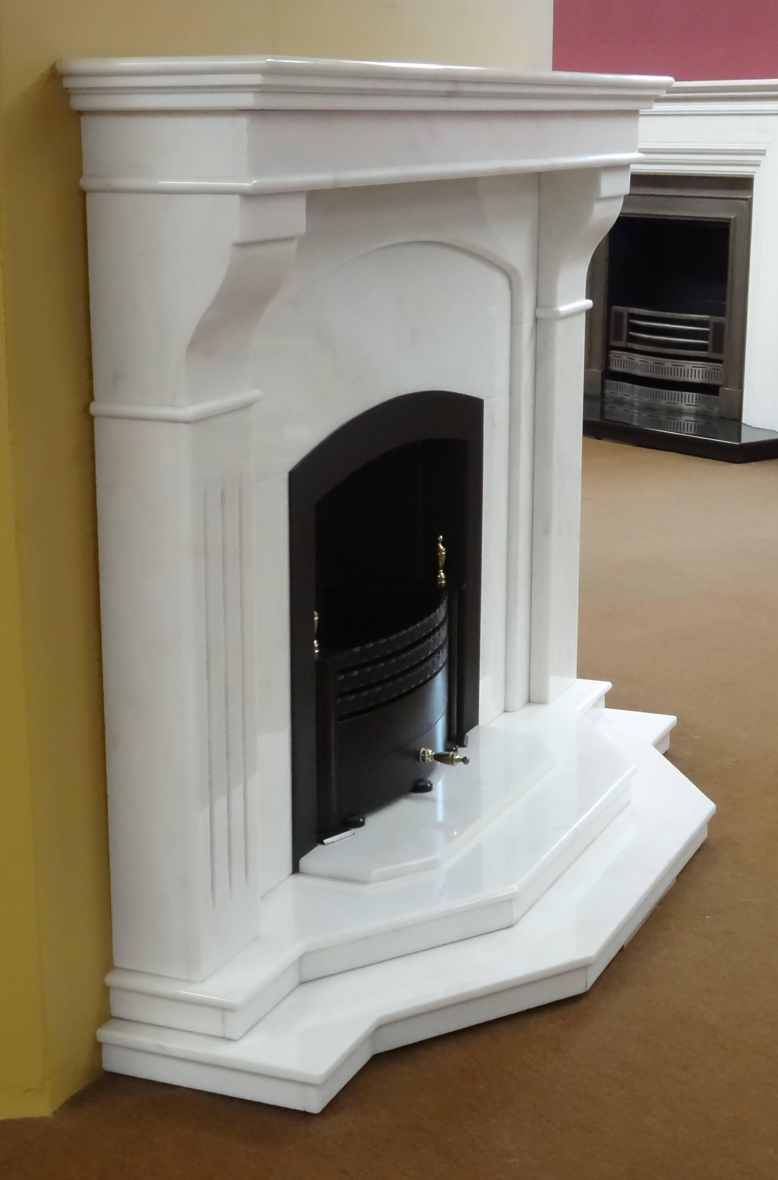 Great Britain (UK) 21st Century Contemporary Carved Marble Fireplace with Metal Trim and Fire Grate For Sale