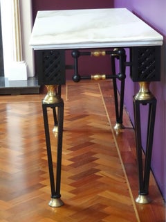 Black Metal and Brass Console Table with Two-Tier Brocetello Marble-Top