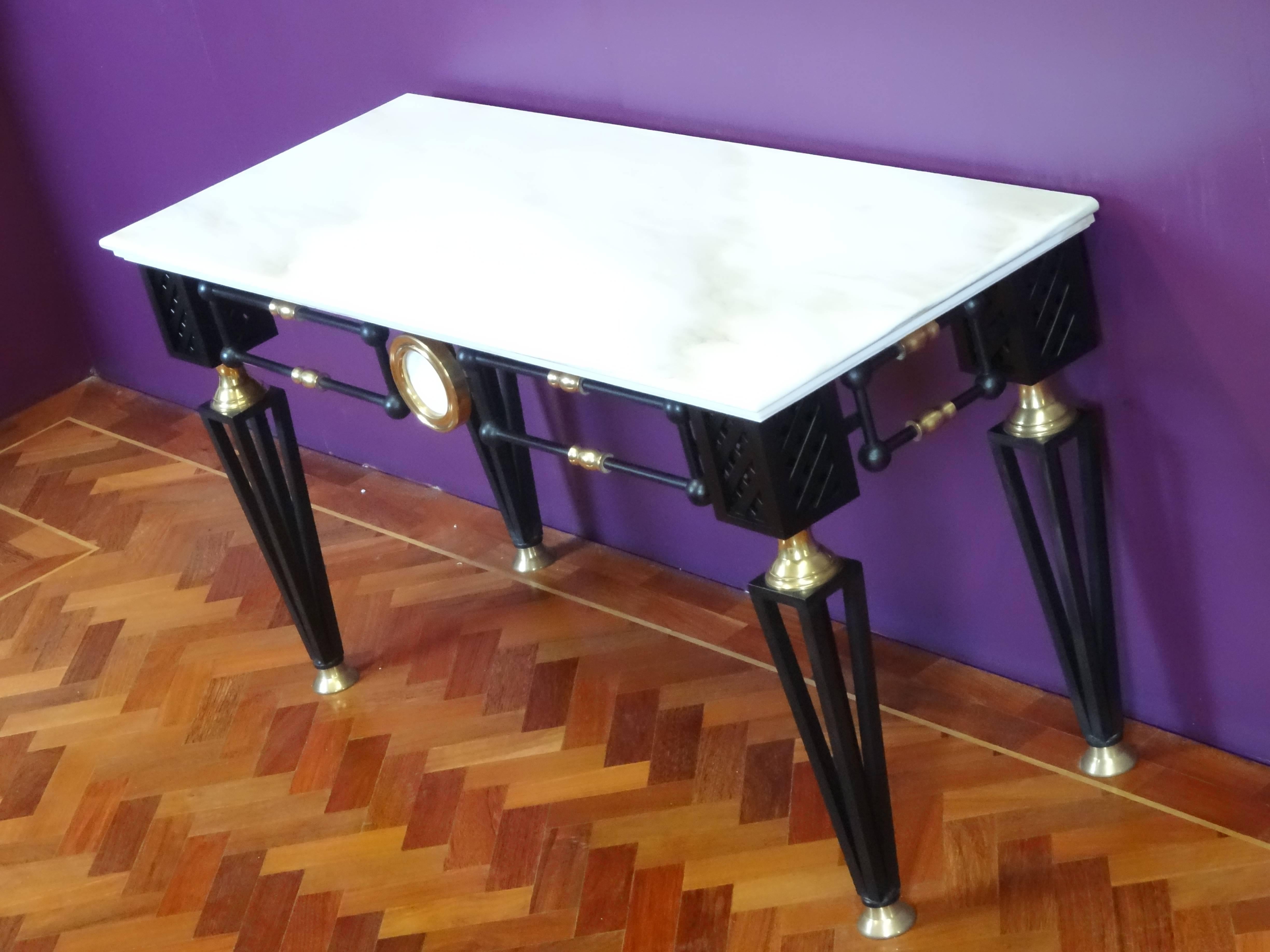 Other Black Metal and Brass Console Table with Two-Tier Brocetello Marble-Top For Sale