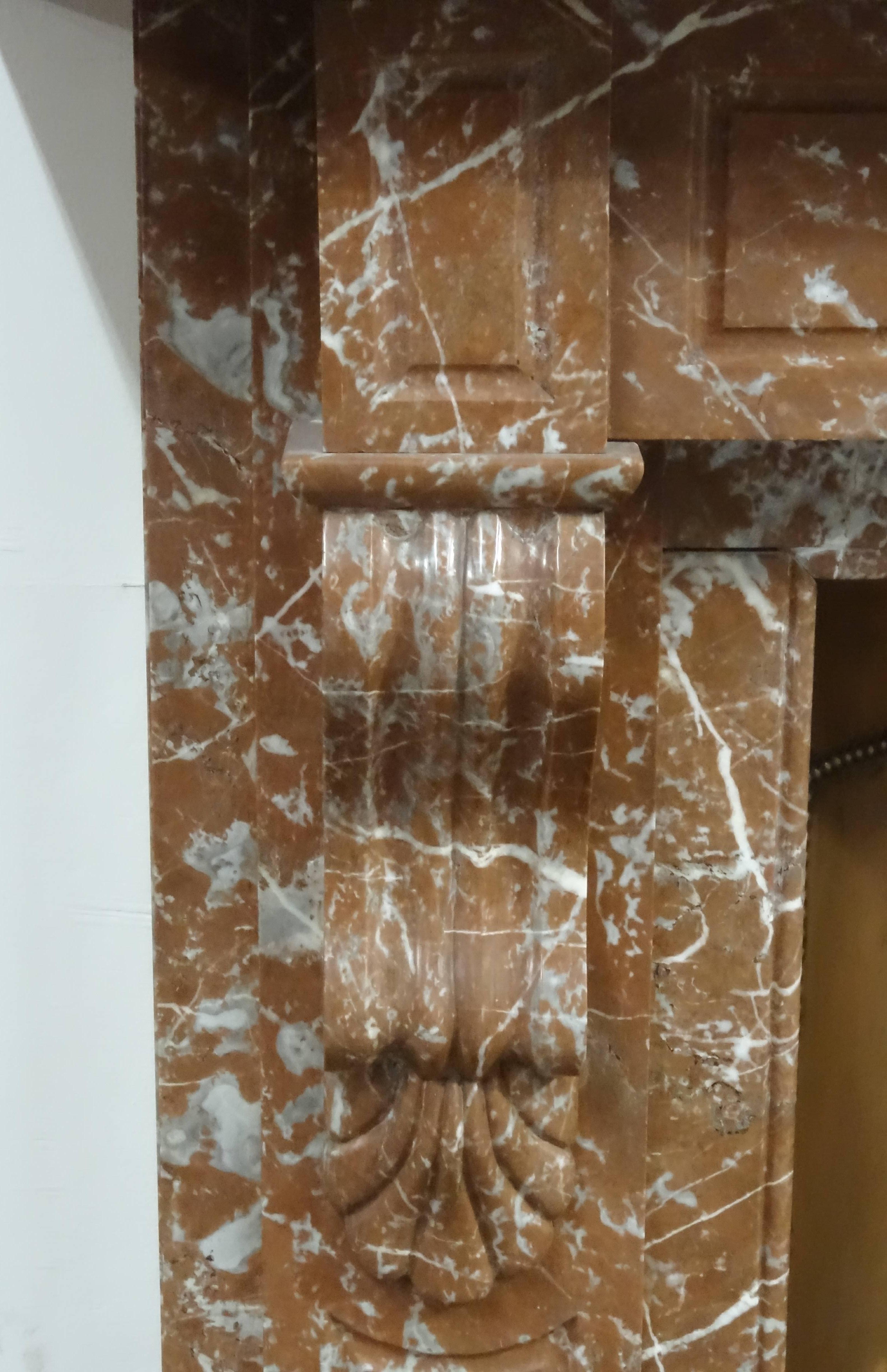 19th Century, Victorian Carved Breche Marble Fireplace with Curved Copper Insert For Sale 2