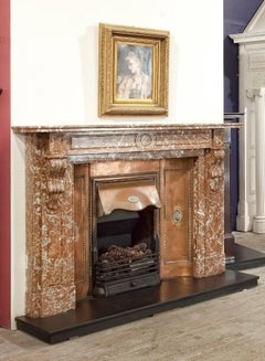 19th Century, Victorian Carved Breche Marble Fireplace with Curved Copper Insert