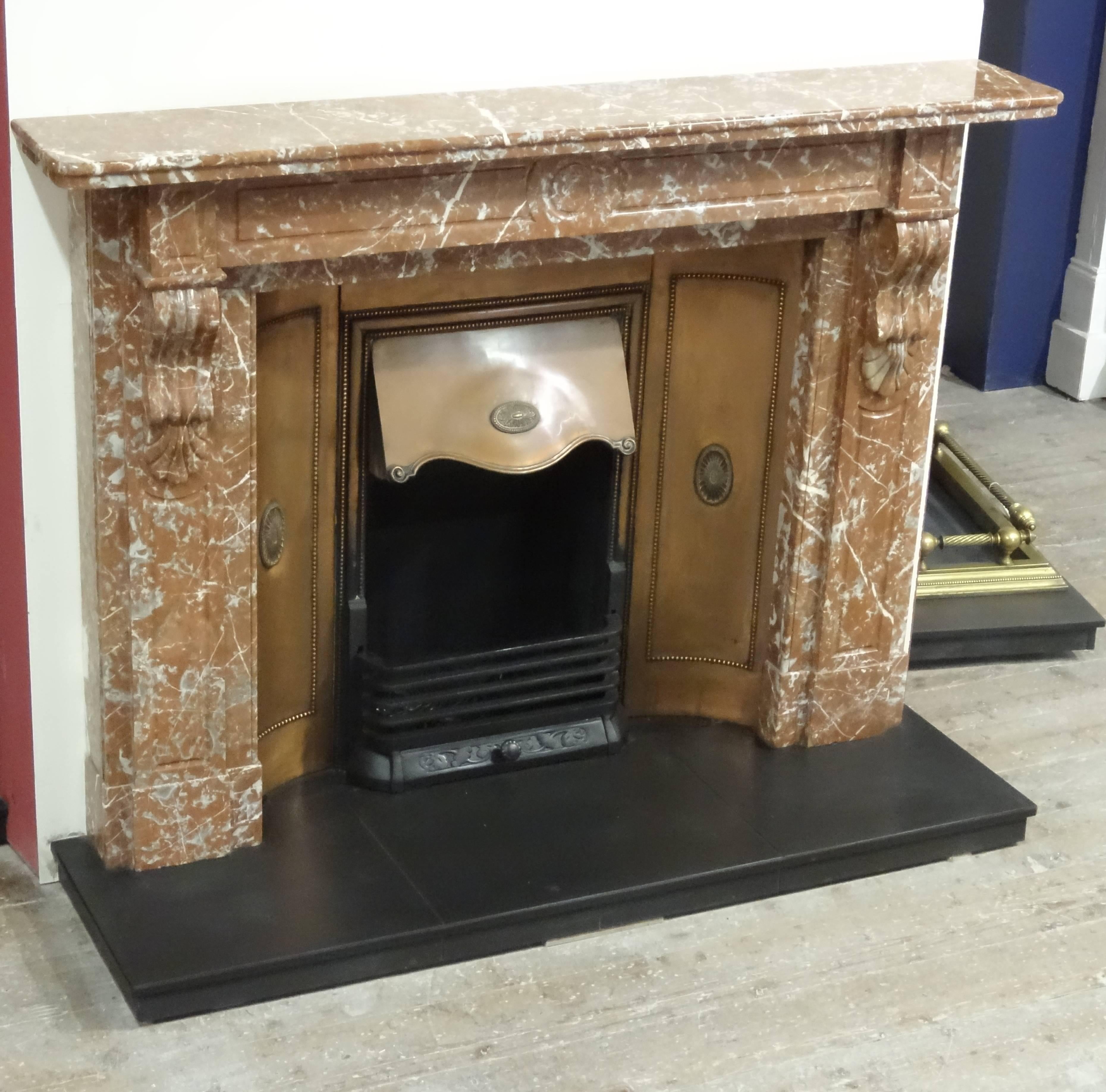 19th Century, Victorian Carved Breche Marble Fireplace with Curved Copper Insert In Good Condition For Sale In Lurgan, Northern Ireland