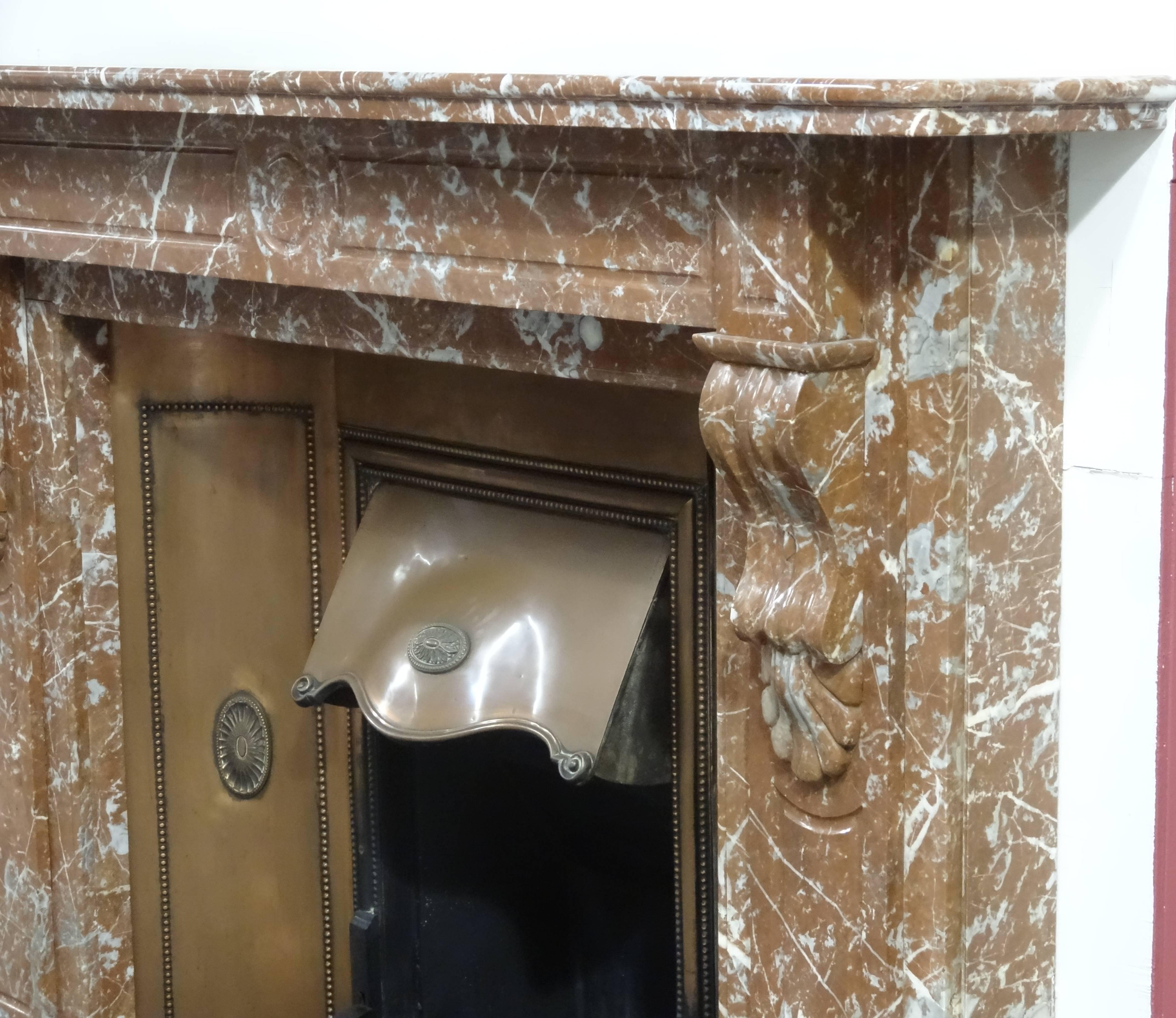 19th Century, Victorian Carved Breche Marble Fireplace with Curved Copper Insert For Sale 1