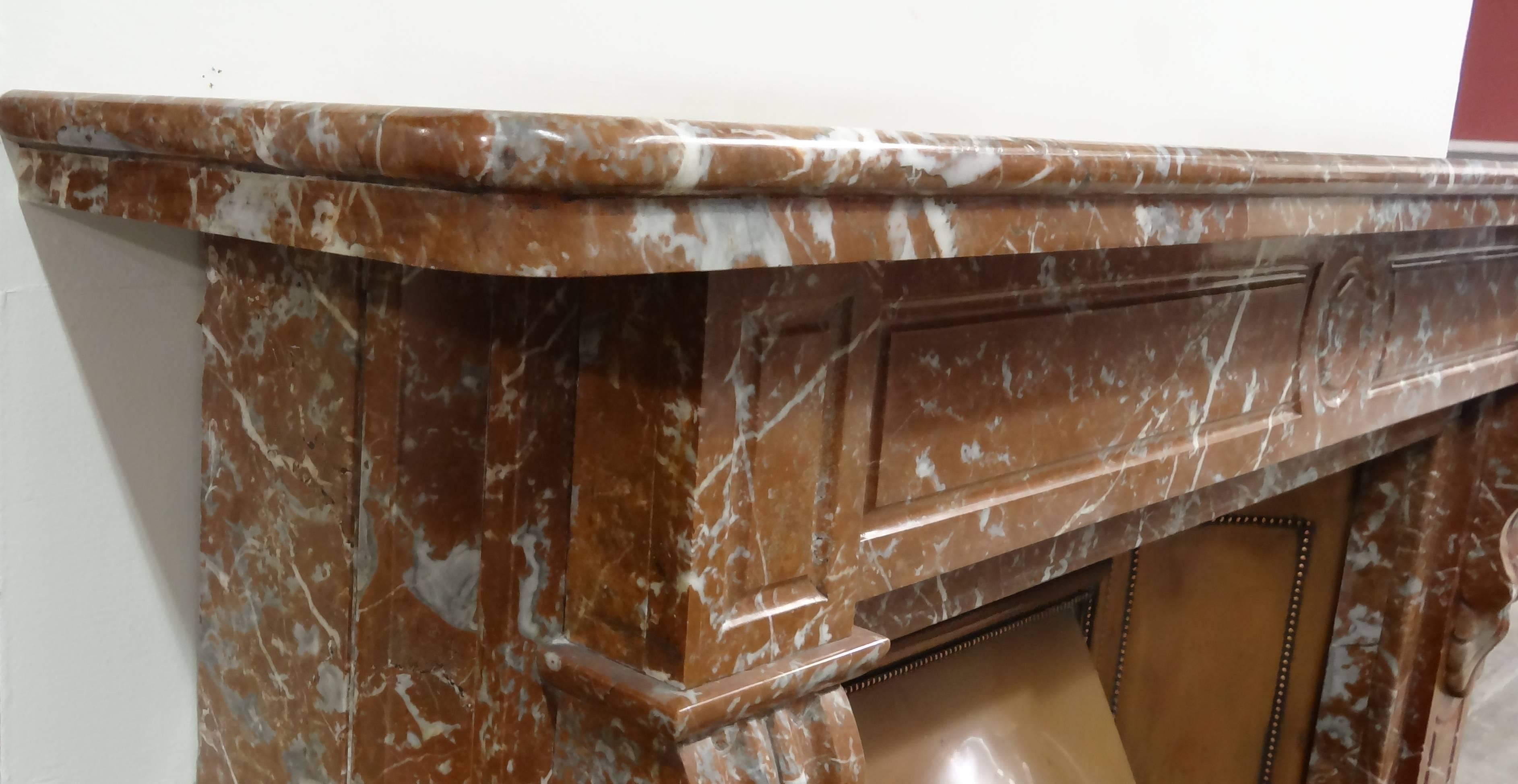 19th Century, Victorian Carved Breche Marble Fireplace with Curved Copper Insert For Sale 3
