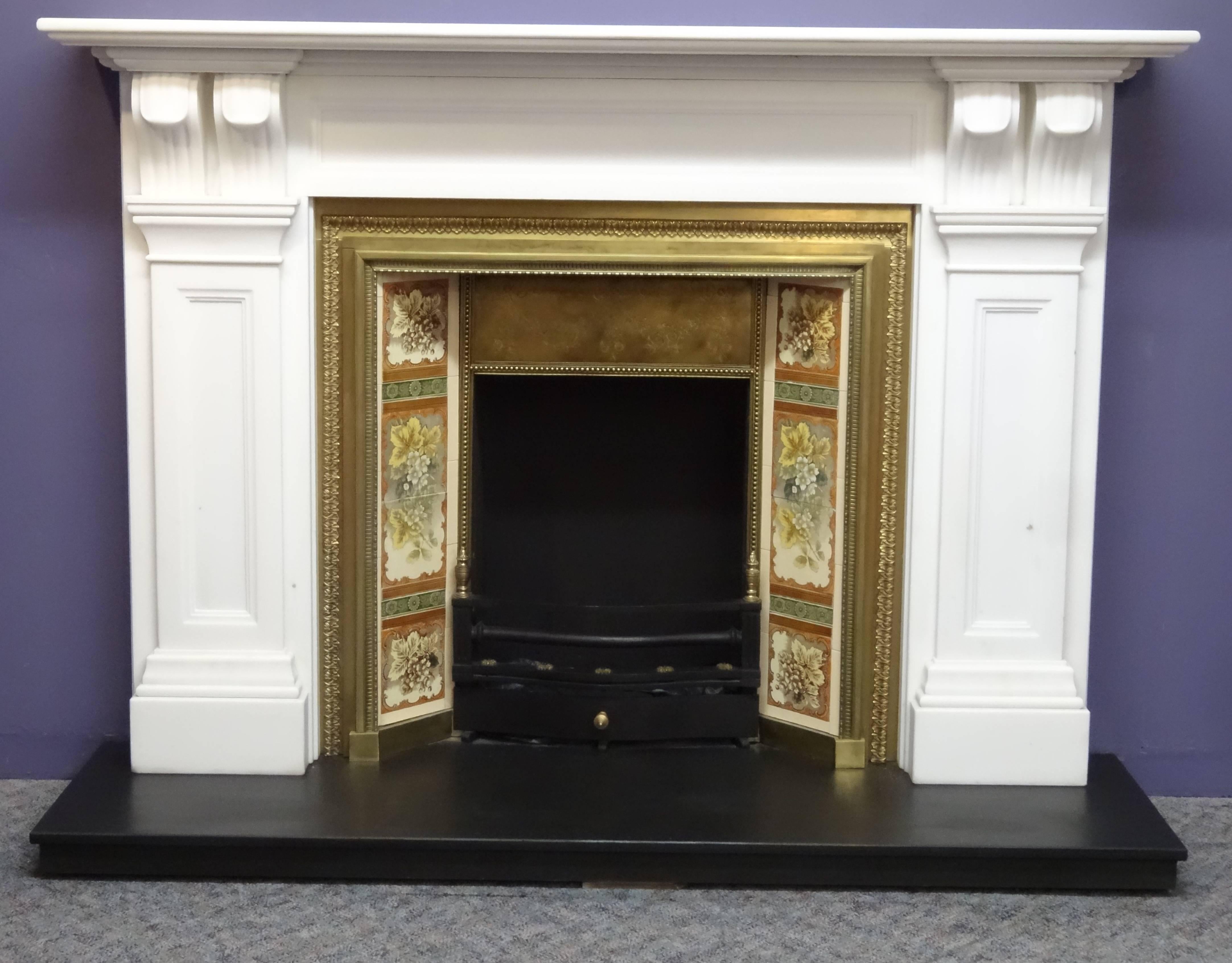 Hand-Carved Antique Victorian Style White Marble Fire Surround and Victorian Brass Grate For Sale