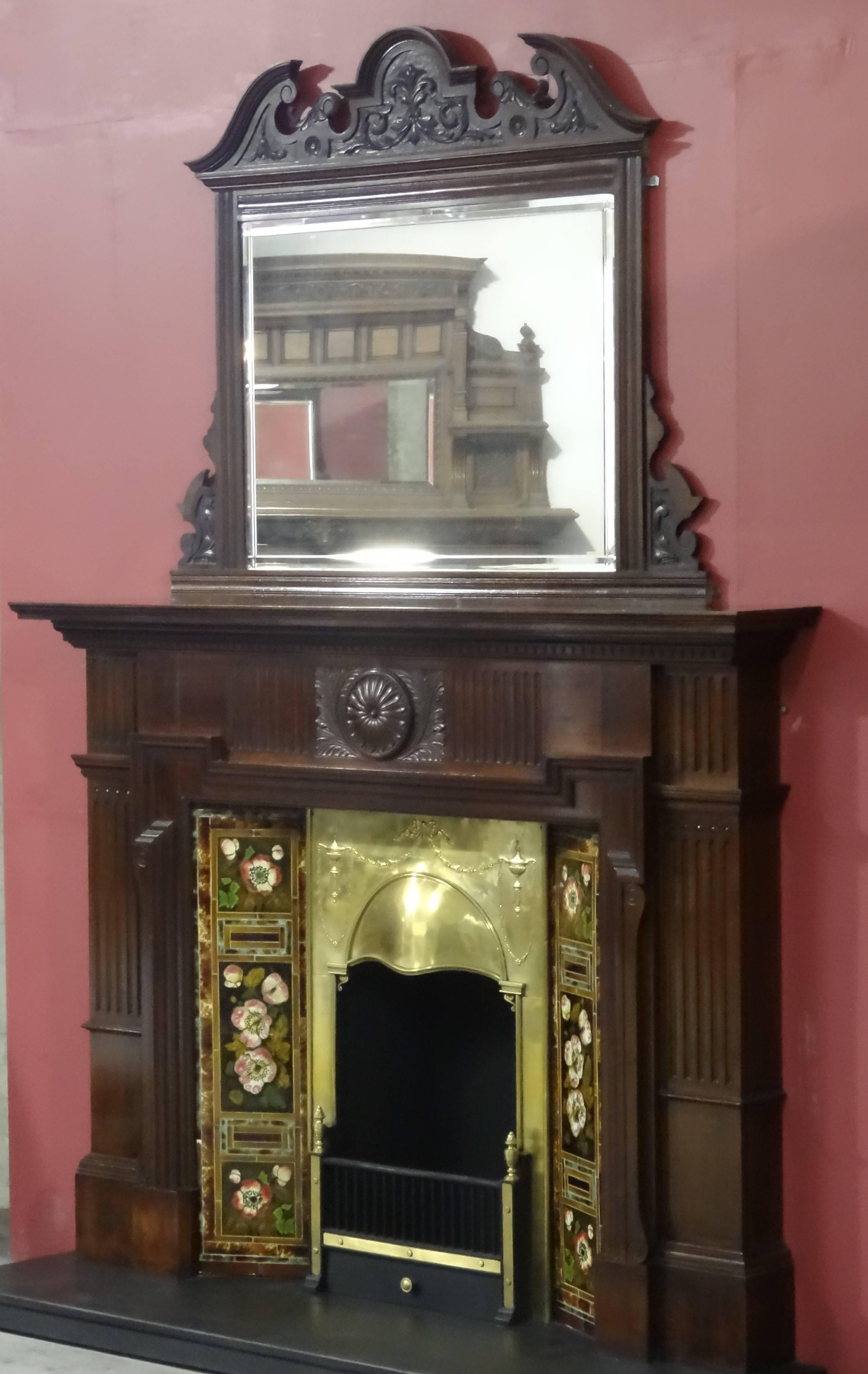 Northern Irish Edwardian Mahogany Fire Surround with Mirror Brass Insert and Tile Side Panels For Sale