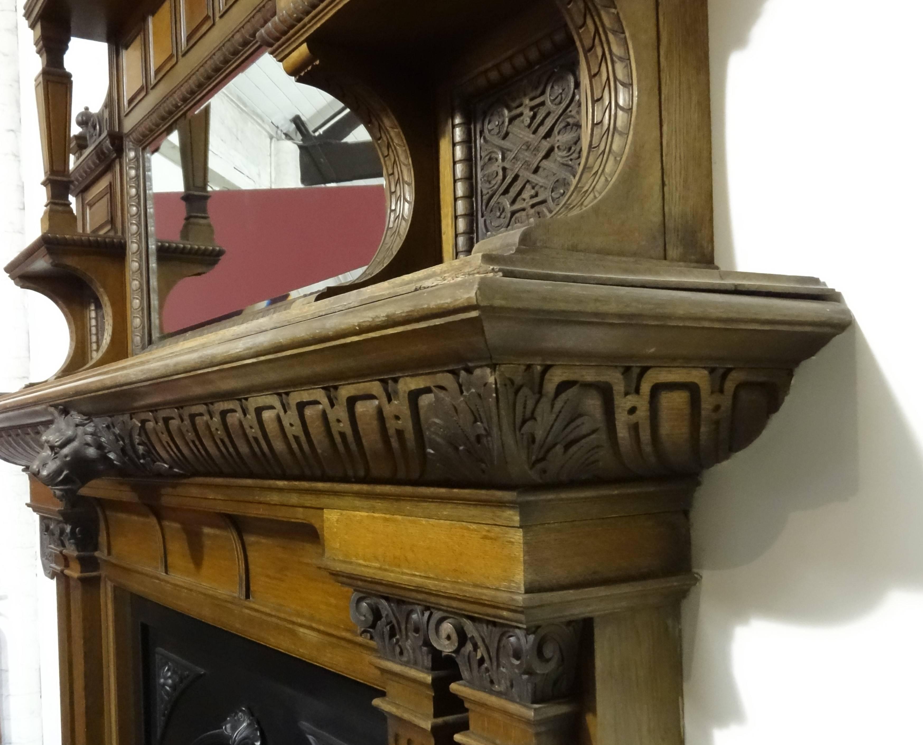 19th Century Victorian Carved Oak Fire Surround with Arched Cast Iron Insert For Sale 2