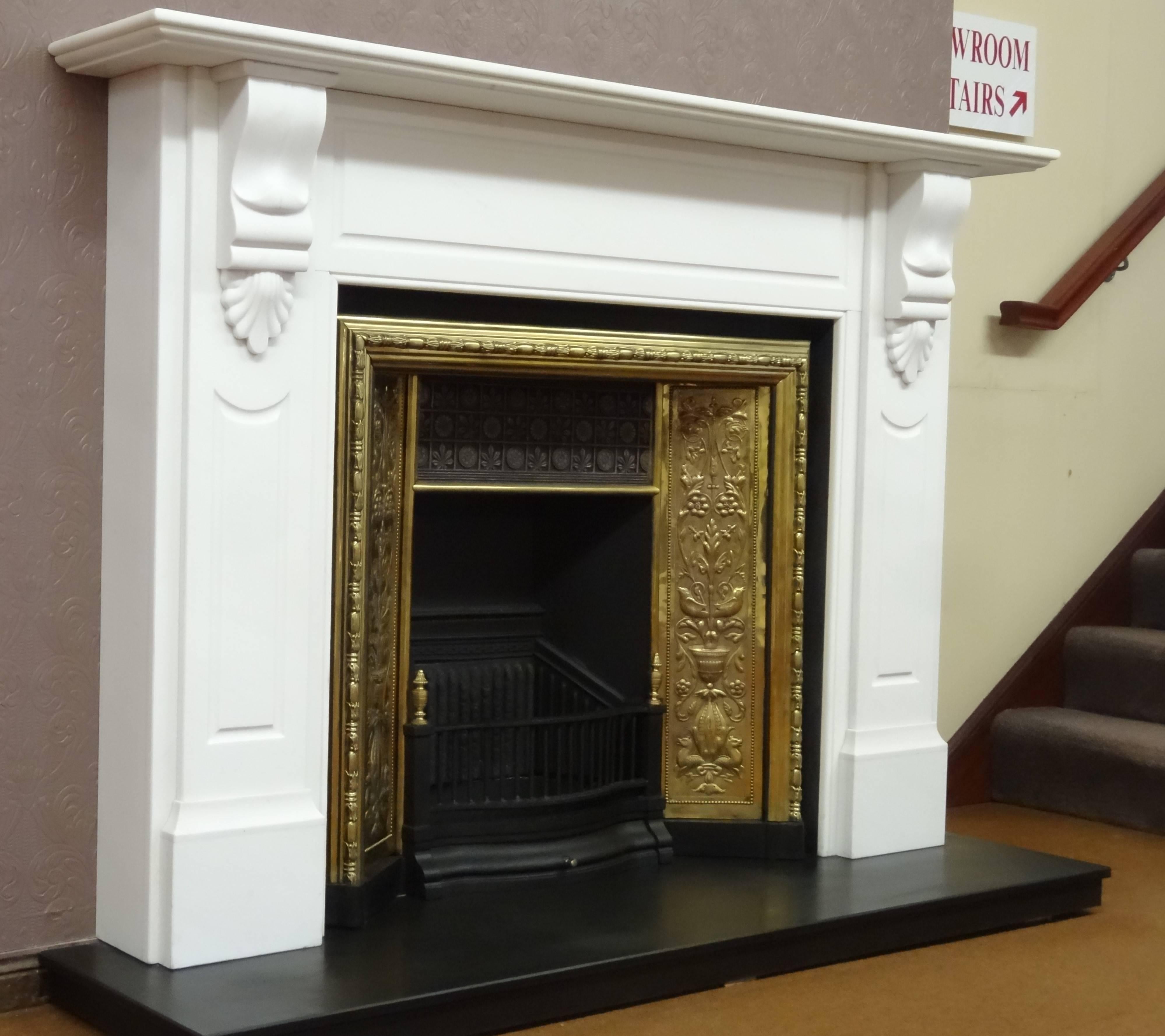 Northern Irish 20th Century Victorian White Fire Surround with 19th Century Brass Fire Grate For Sale