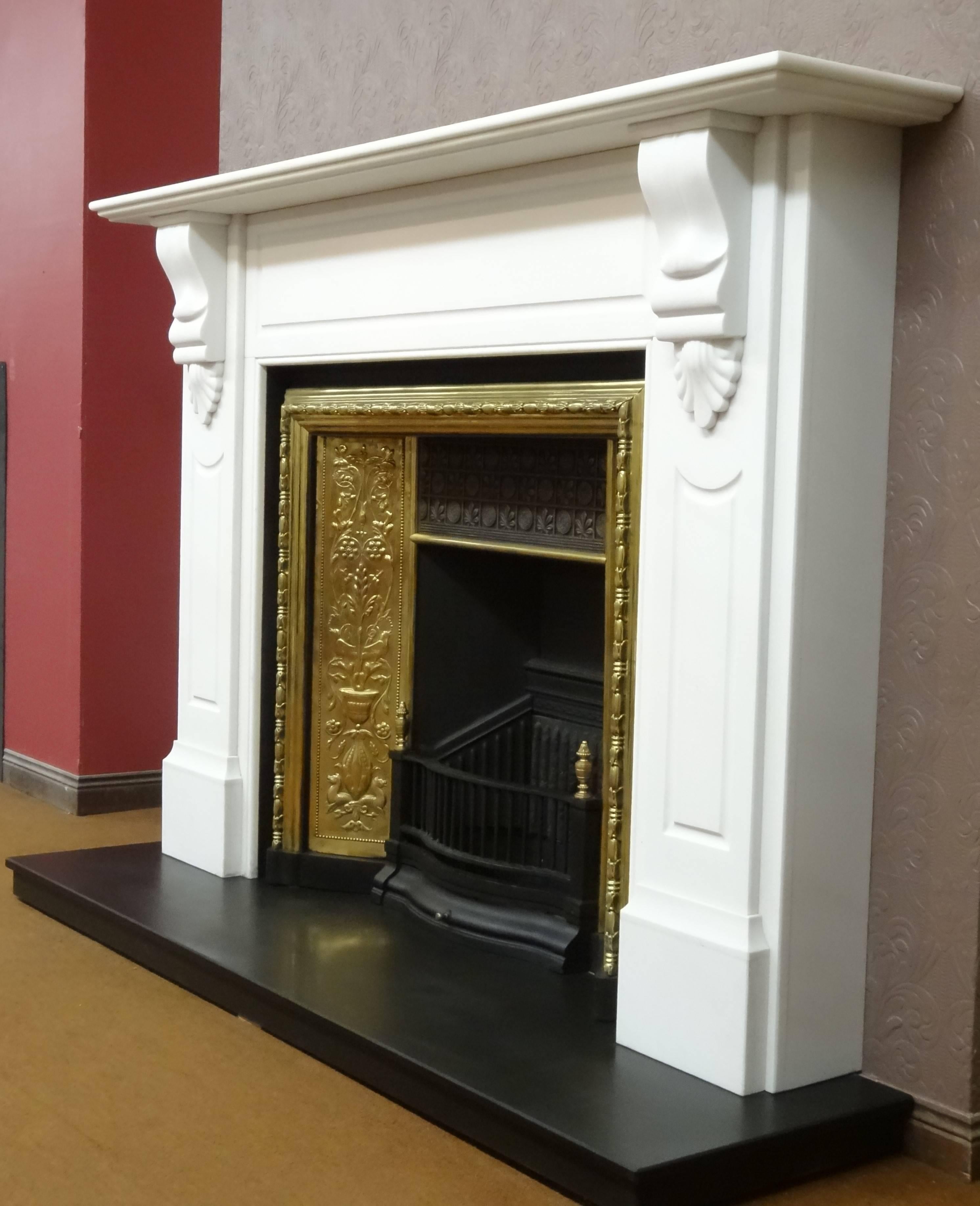 Hand-Carved 20th Century Victorian White Fire Surround with 19th Century Brass Fire Grate For Sale