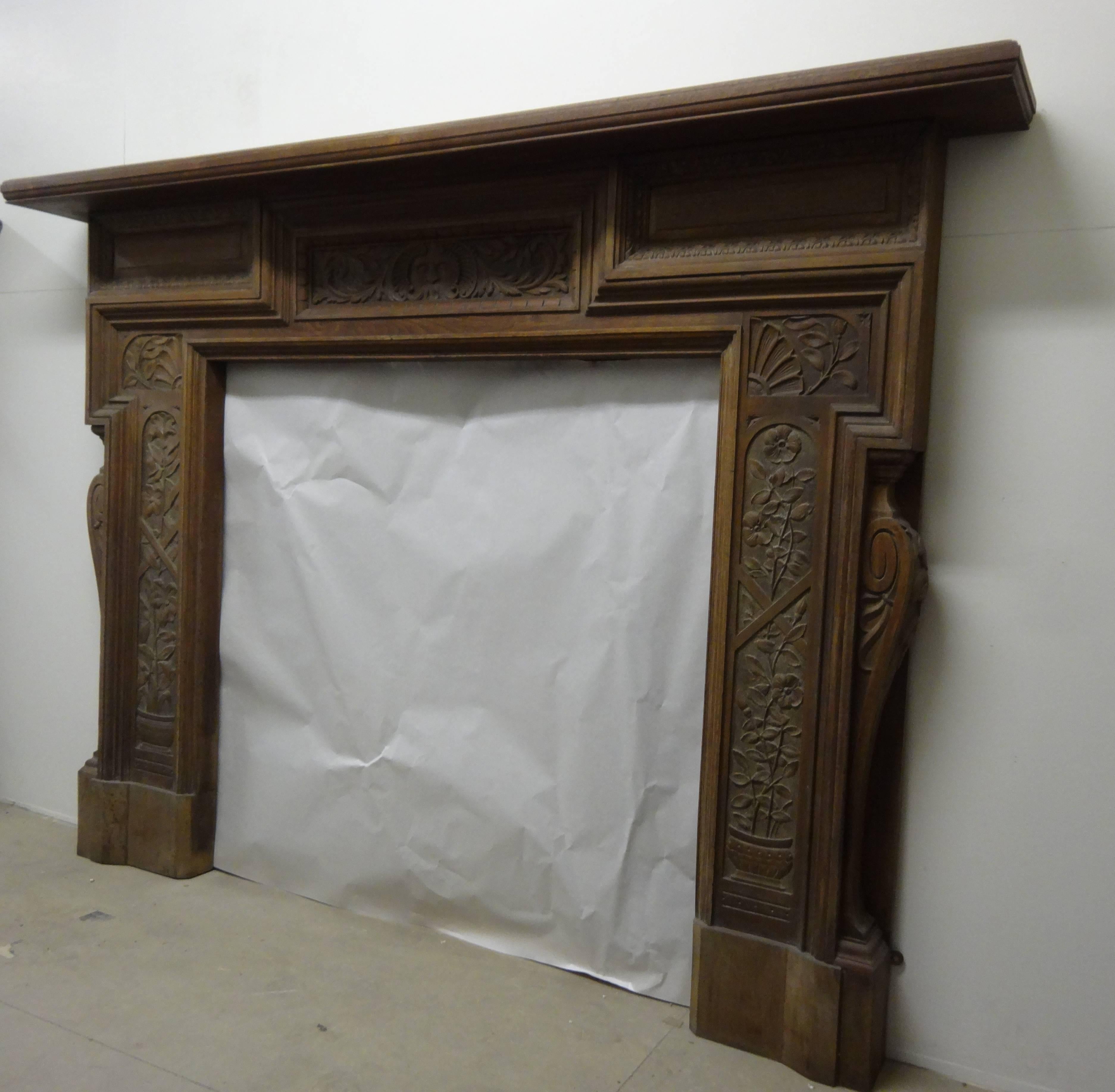 Rare antique 19th century Victorian stripped walnut fire surround. Ornately carved fire surround features Sun God to the frieze centre panel, sunflowers to the jambs.

Internal aperture measurements:
Width 43.25 inches
Height 42.13 inches.