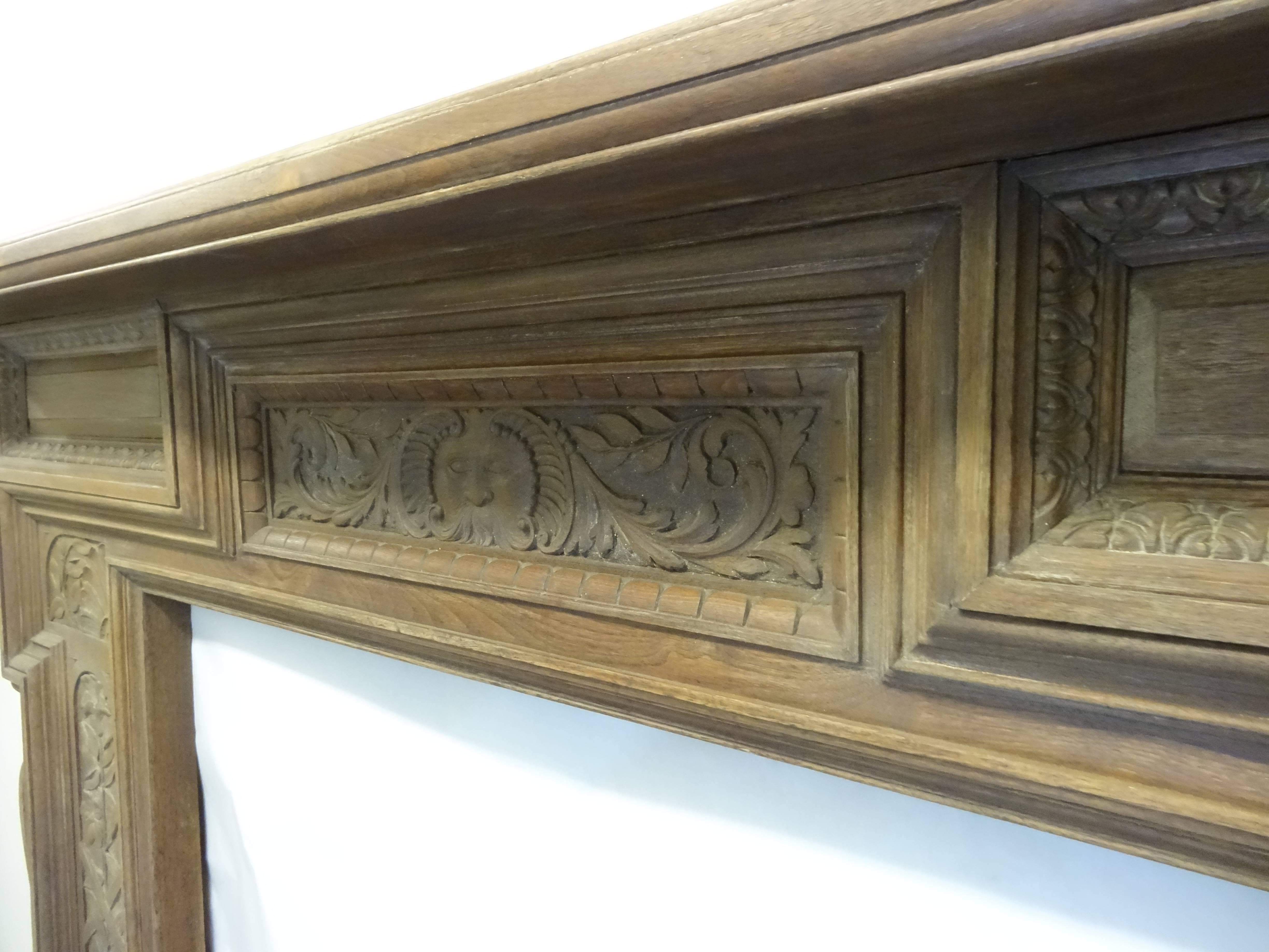 19th Century Victorian Stripped Walnut Fire Surround with Carved Sun God For Sale 6