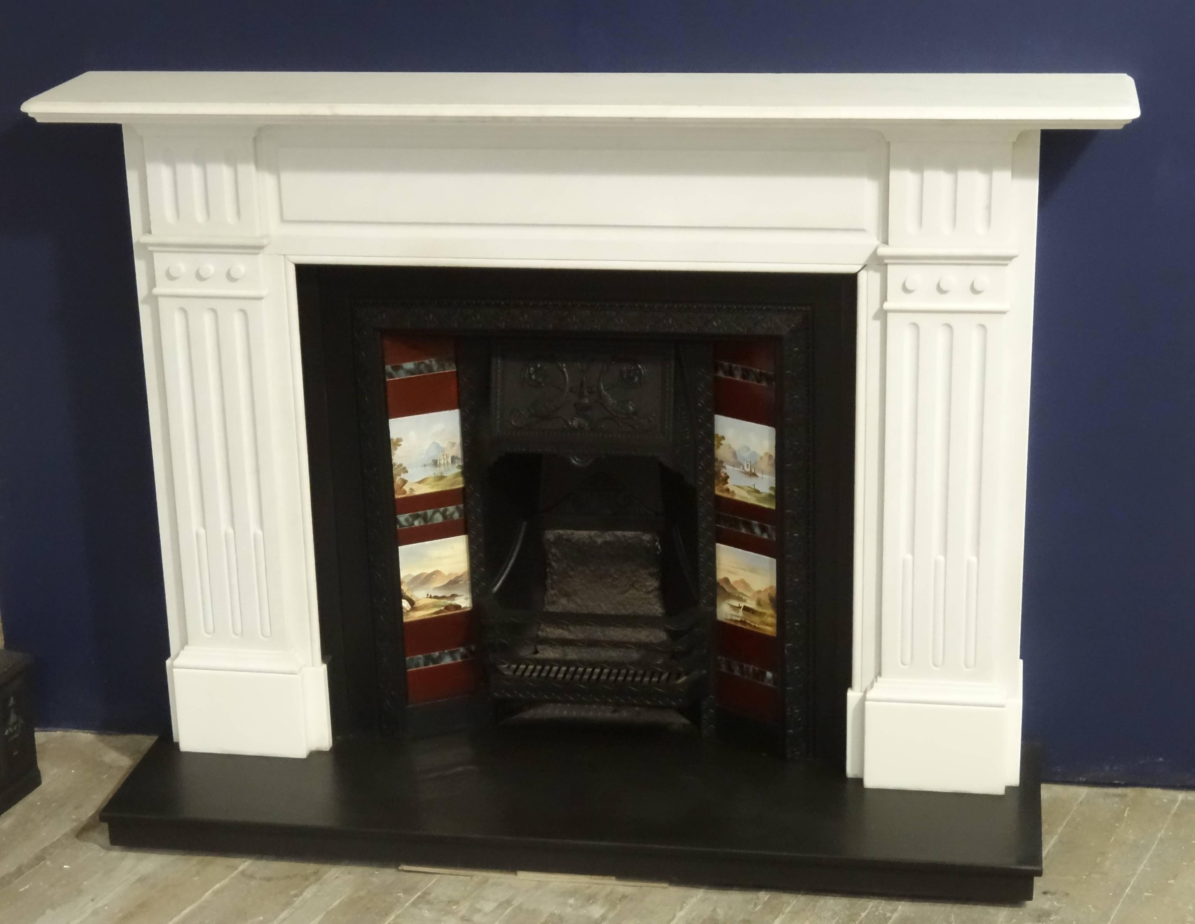 Substantial antique late Victorian white statuary marble fireplace surround. Reclaimed from a Victorian property in County Antrim Northern Ireland. Cast iron tiled insert and slate hearth shown are priced separately.

Internal aperture
