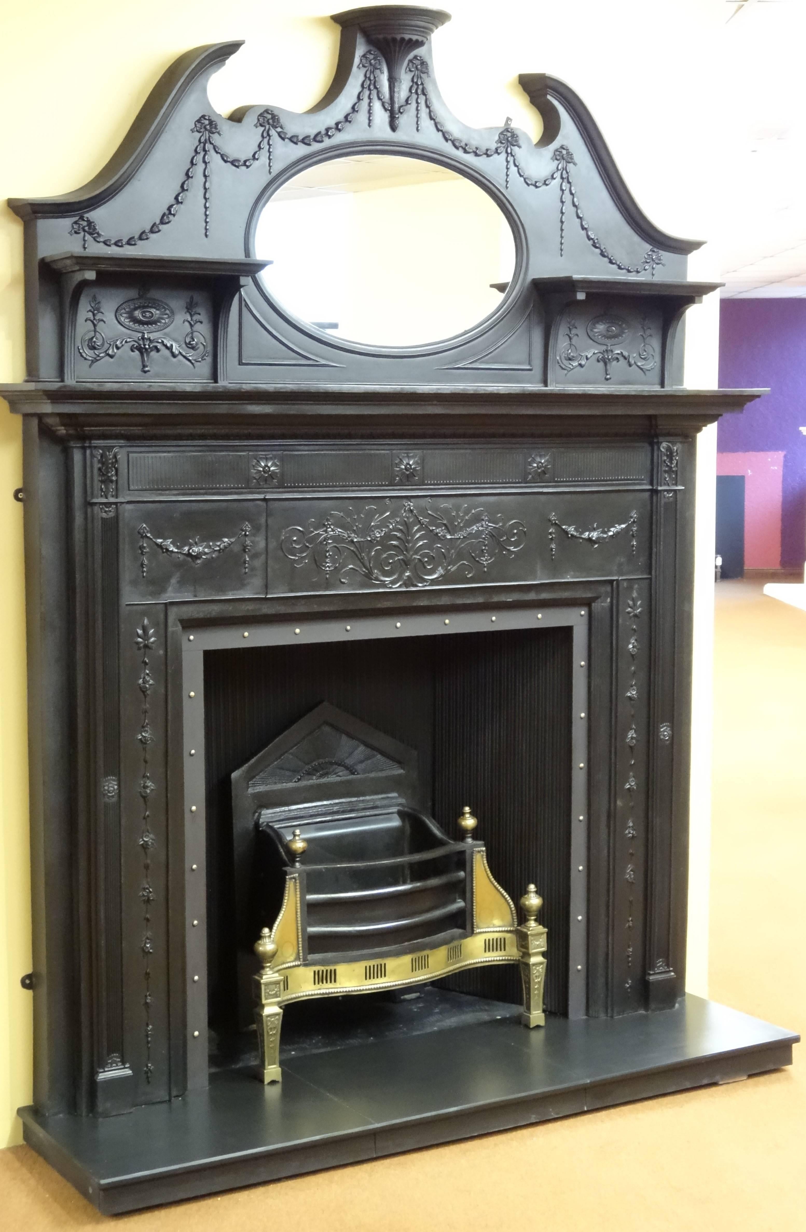 Northern Irish 19th Century Victorian Cast Iron Fire Surround with Matching Overmantel Mirror For Sale