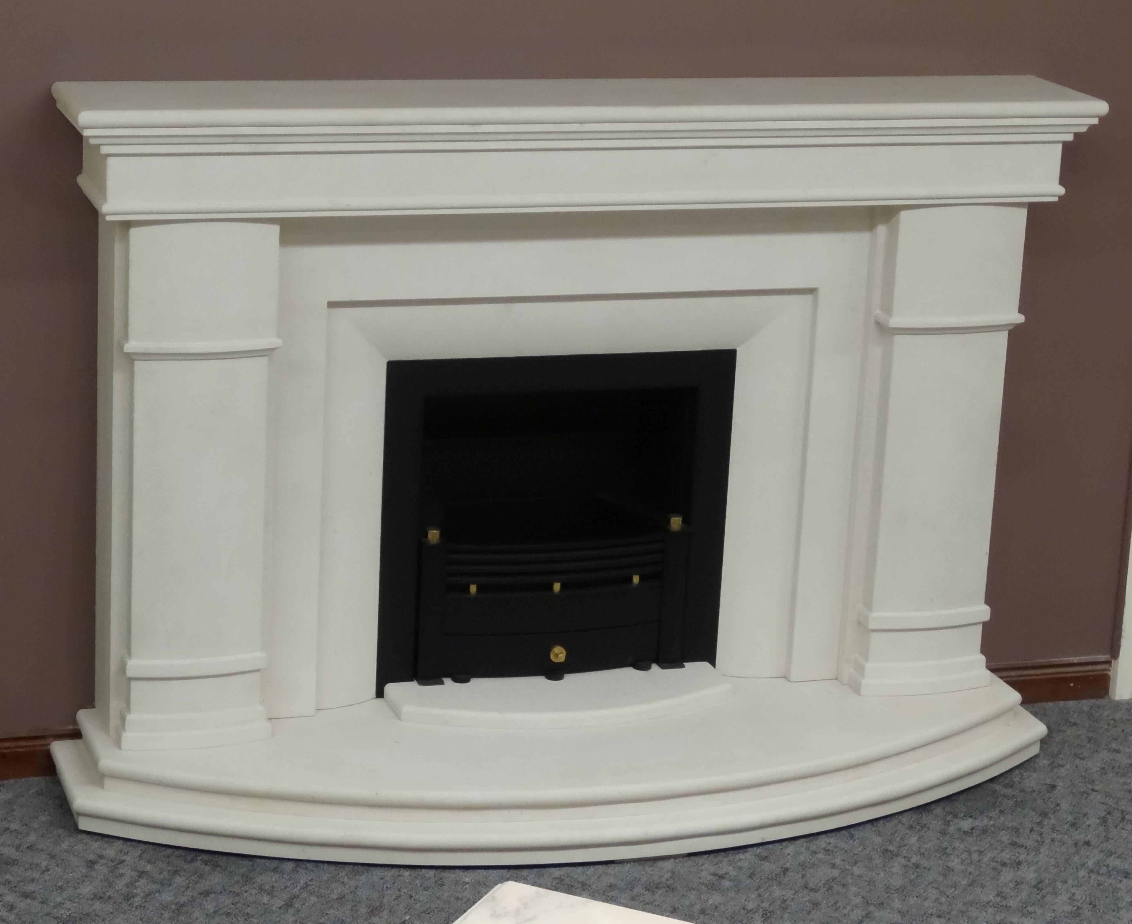 Other 21st Century Irish Contemporary Limestone Fireplace Black Trim and Fire Basket For Sale