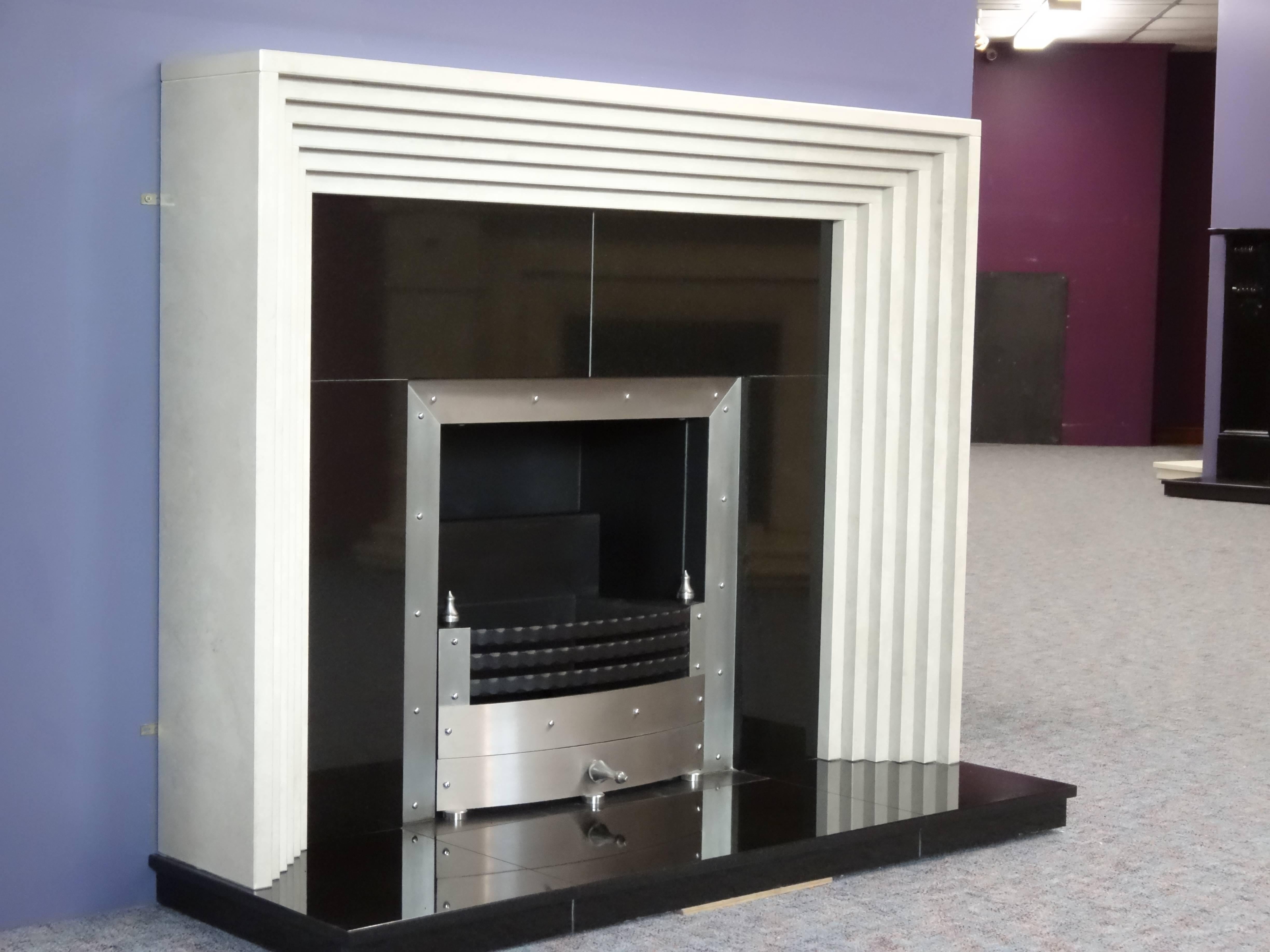 Northern Irish Irish Art Deco Style Marble and Granite Fireplace with Steel Trim & Fire Basket For Sale