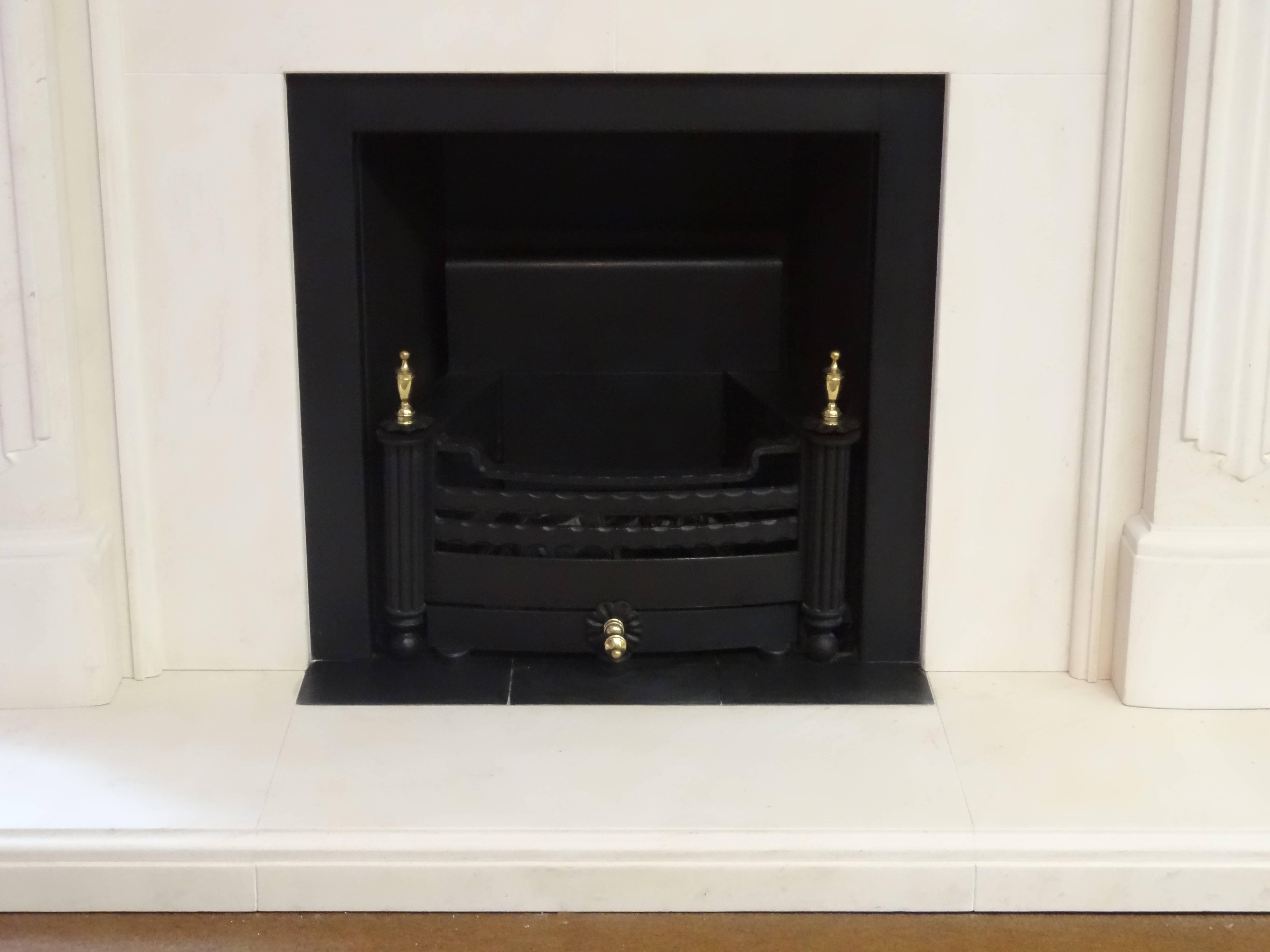 21st Century Irish Carved Limestone Fireplace Metal Trim and Fire Basket For Sale 3