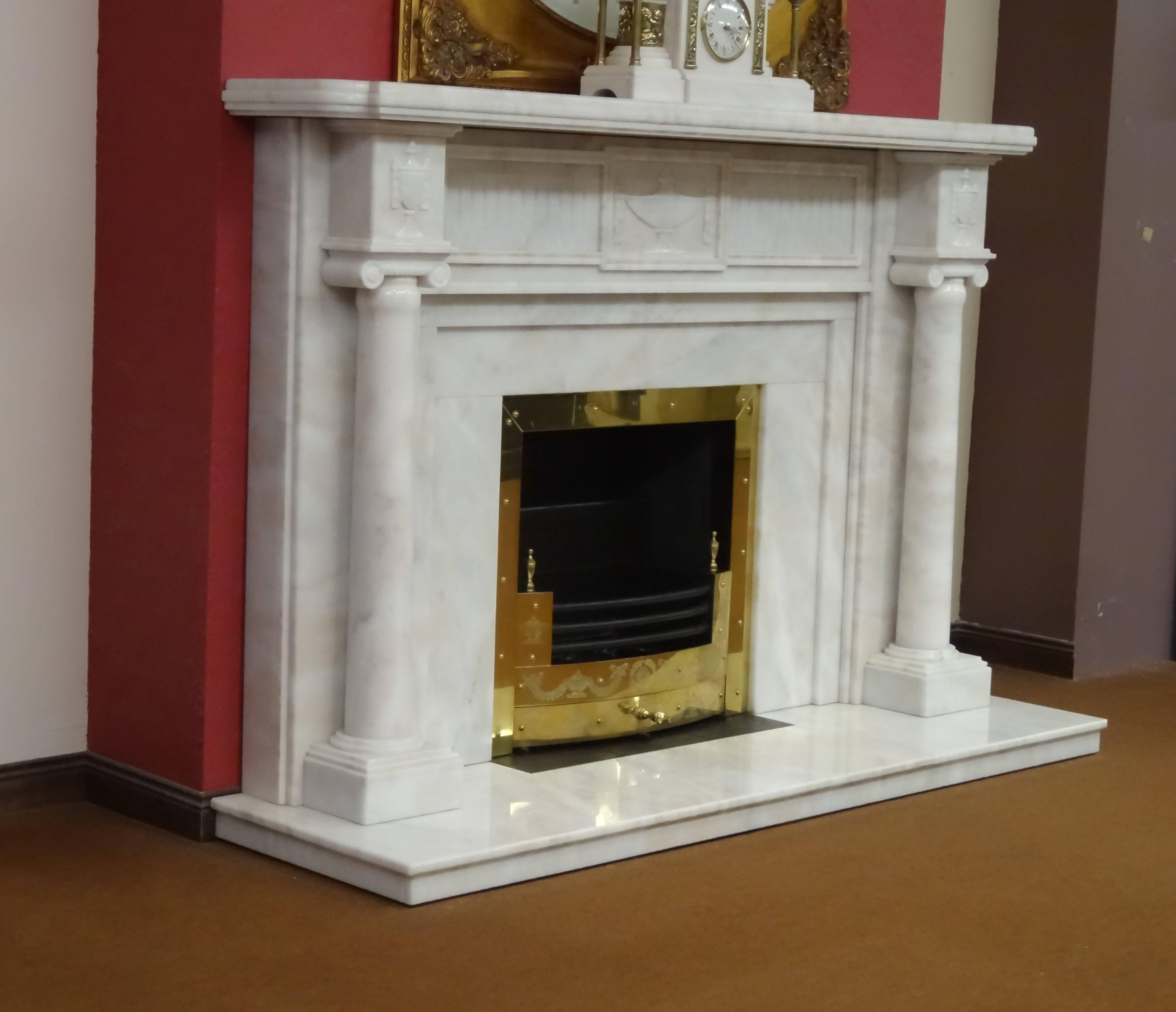 Irish 21st Century Carved Marble Adam Style Fireplace with Brass Fire Basket In Excellent Condition For Sale In Lurgan, Northern Ireland