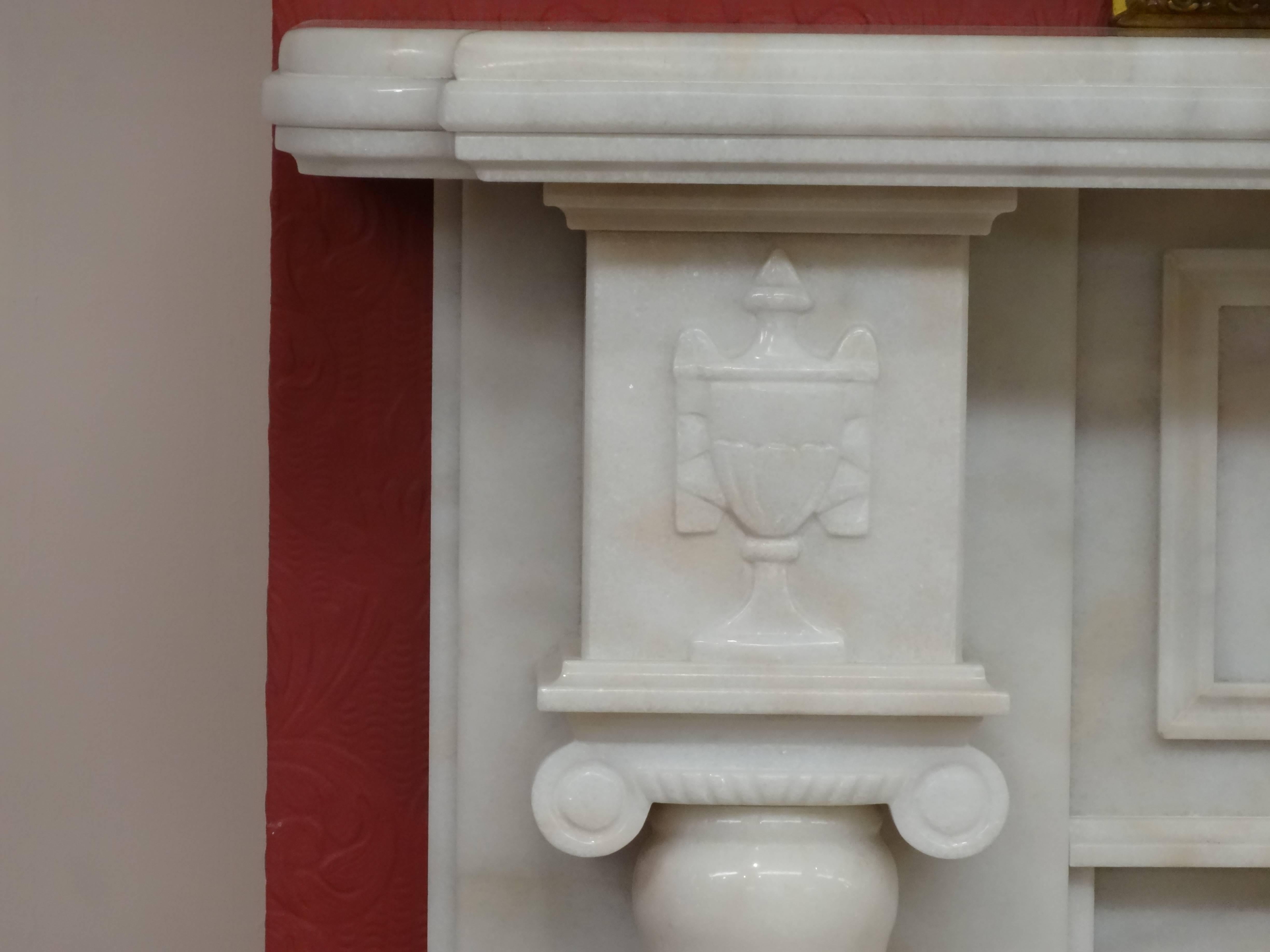 Contemporary Irish 21st Century Carved Marble Adam Style Fireplace with Brass Fire Basket For Sale