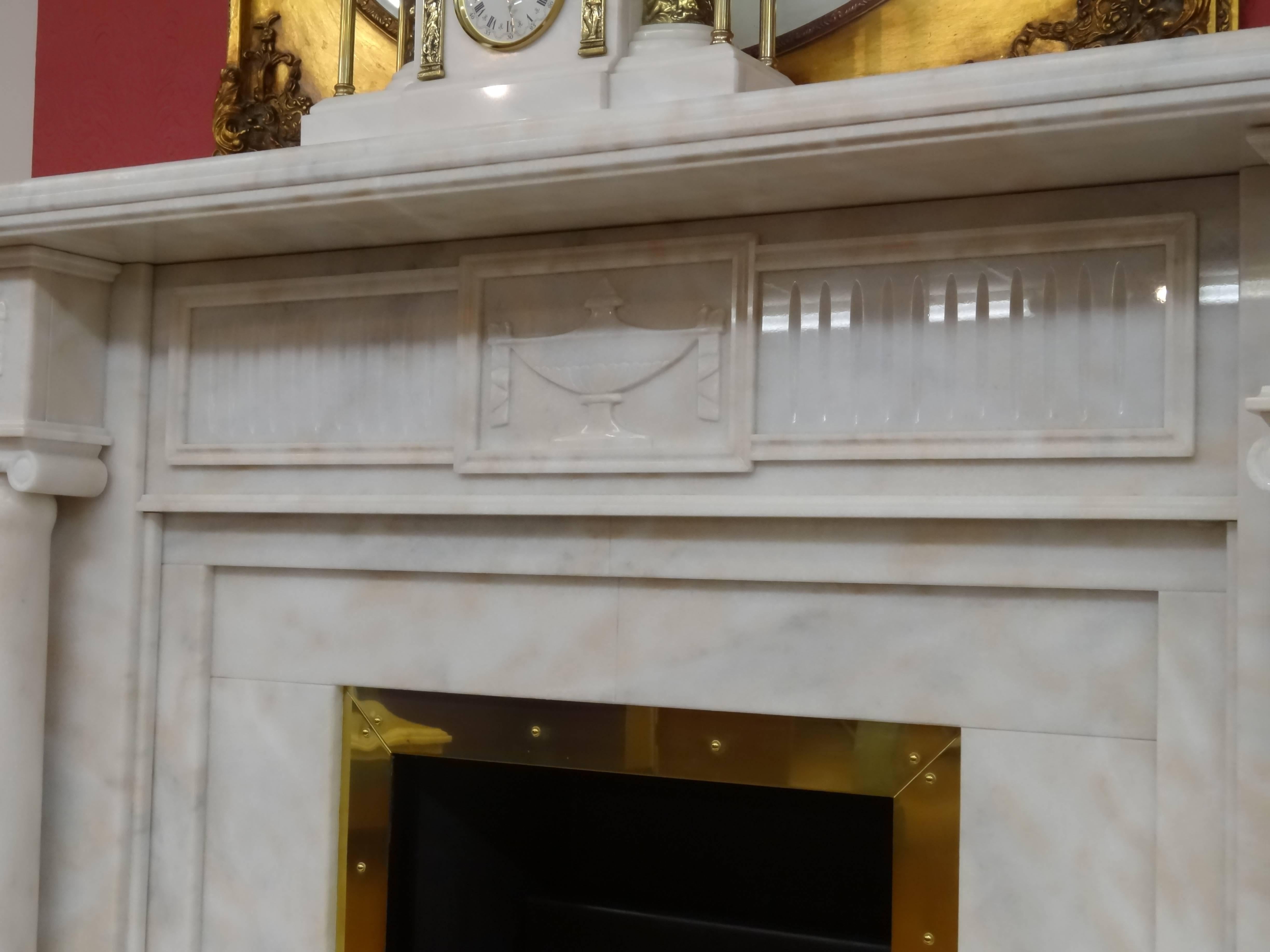 Irish 21st Century Carved Marble Adam Style Fireplace with Brass Fire Basket For Sale 1