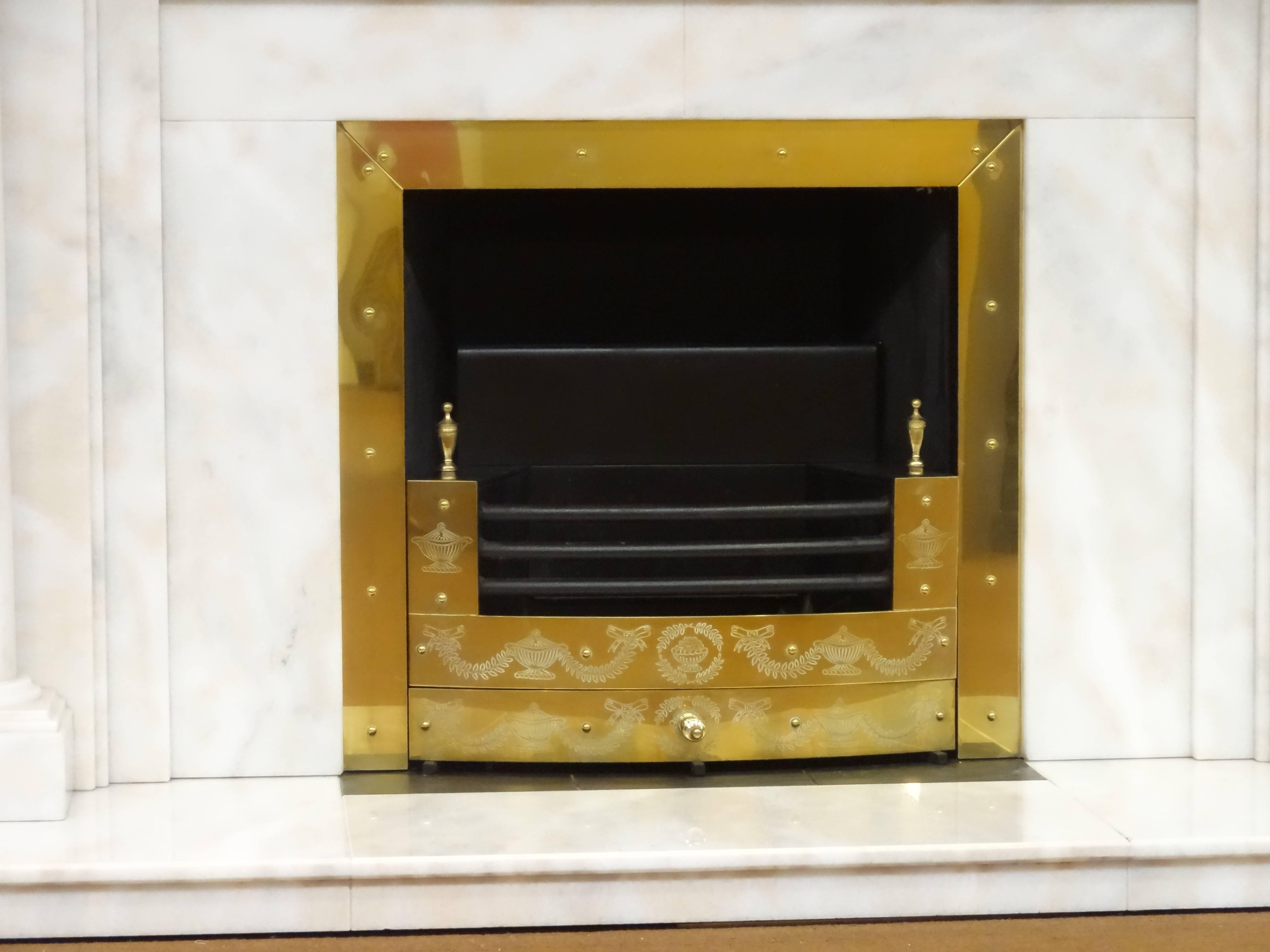 Irish 21st Century Carved Marble Adam Style Fireplace with Brass Fire Basket For Sale 3
