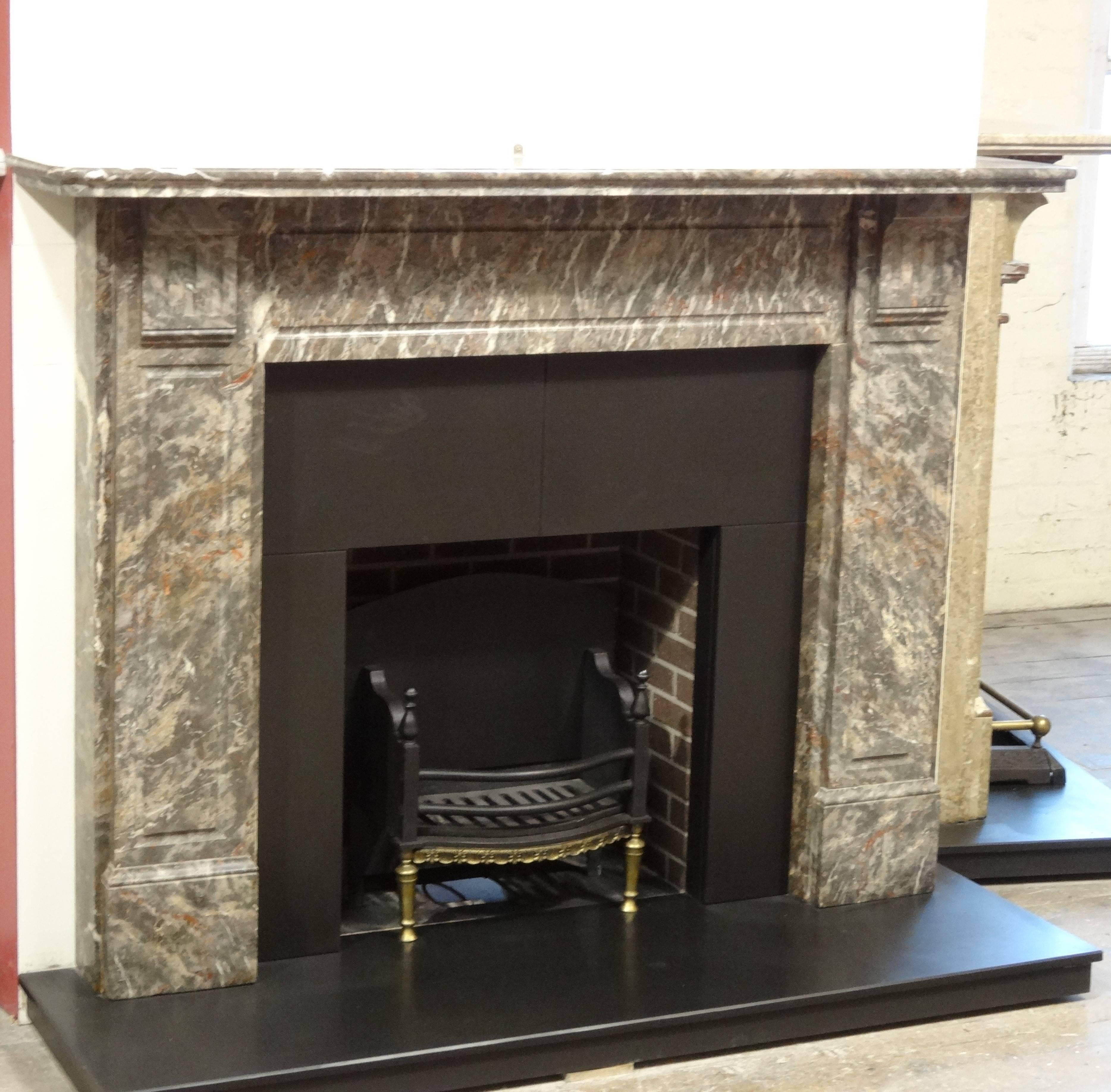 Northern Irish Irish Antique Victorian Carved Breccia Pernice Marble Fireplace Surround For Sale
