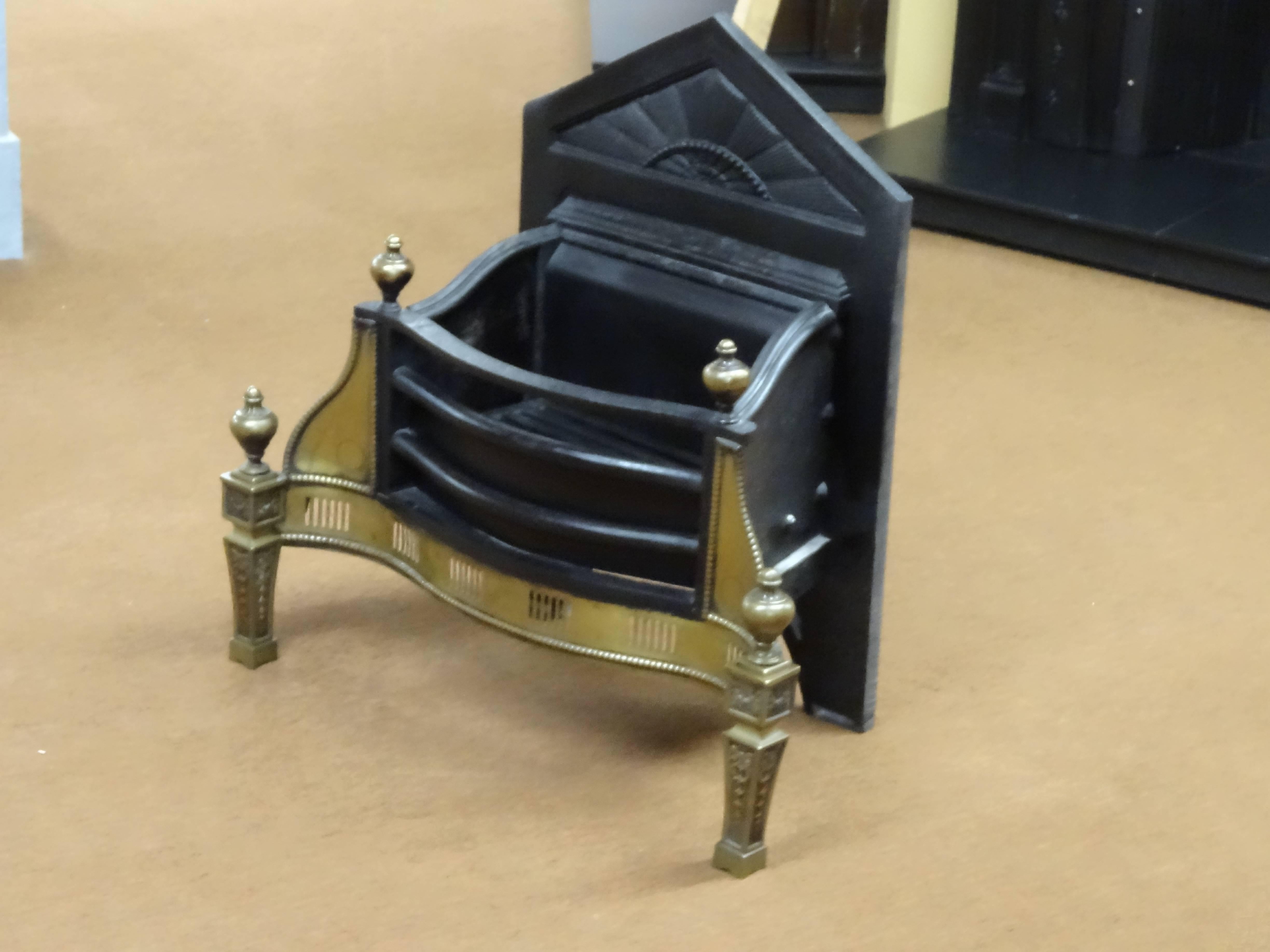Cast Edwardian Antique Iron and Polished Brass Dog Grate Fire Basket For Sale