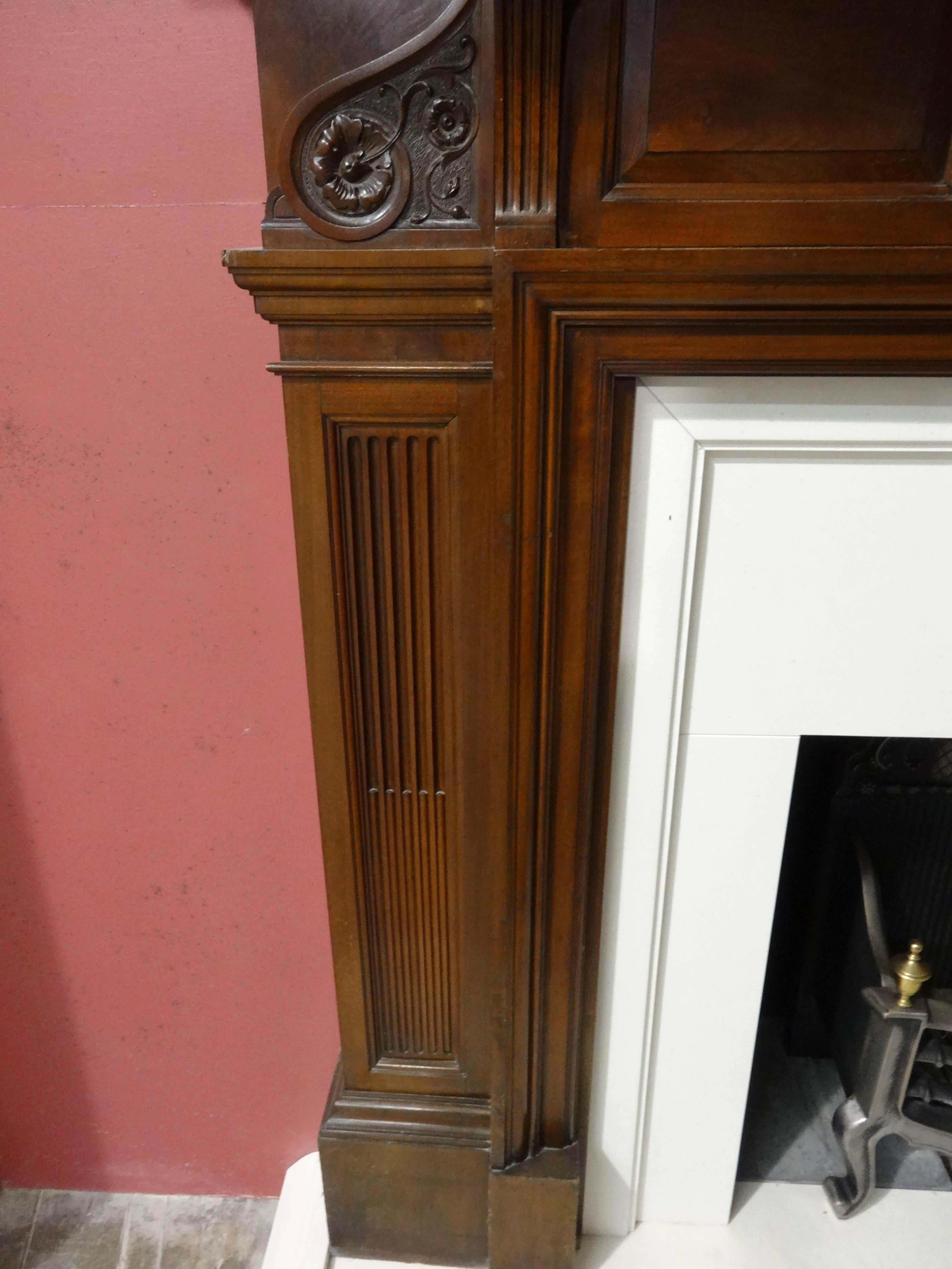 20th Century Edwardian Carved Walnut Fireplace Surround with Overmantel Mirror For Sale 4