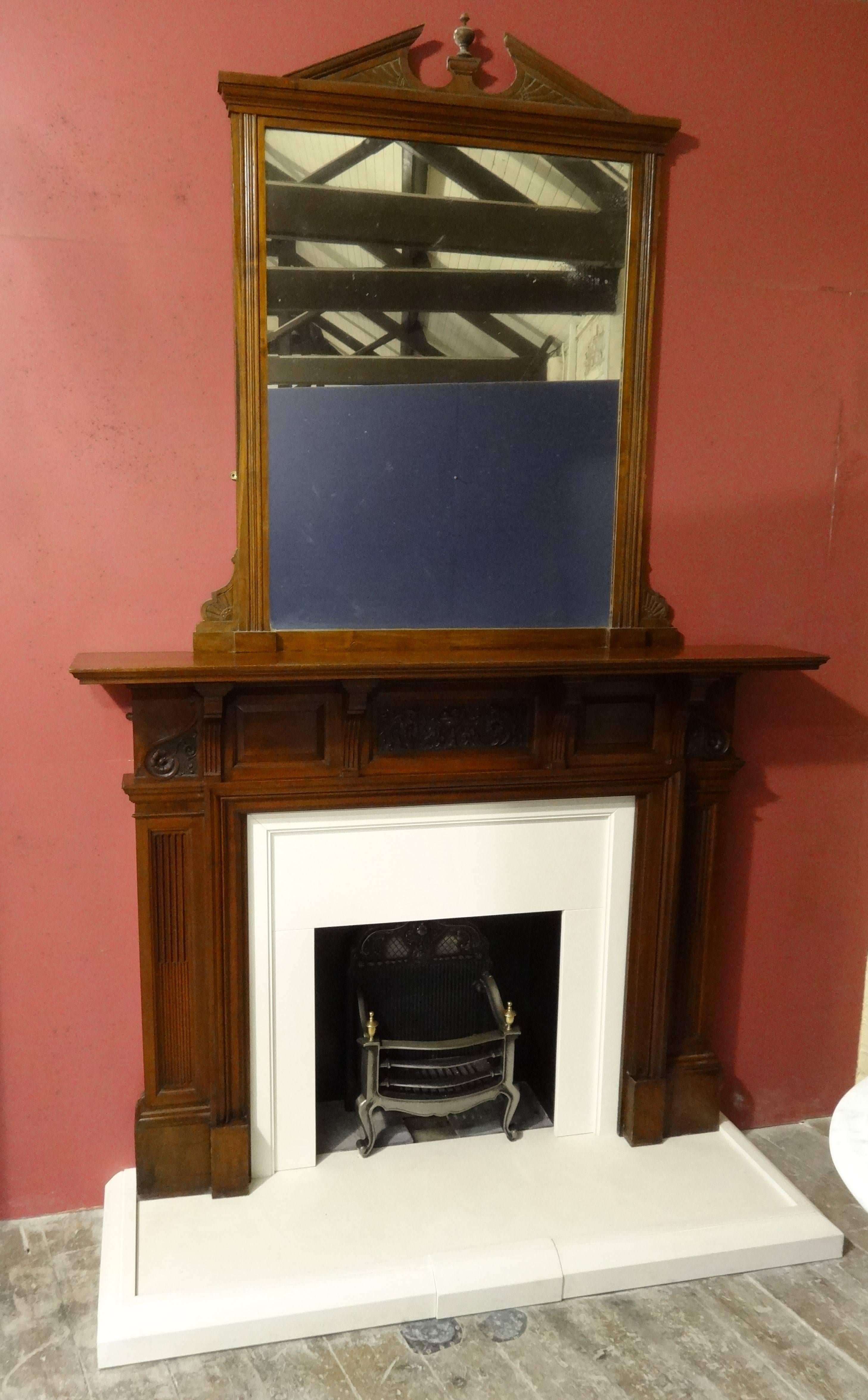 Northern Irish 20th Century Edwardian Carved Walnut Fireplace Surround with Overmantel Mirror For Sale