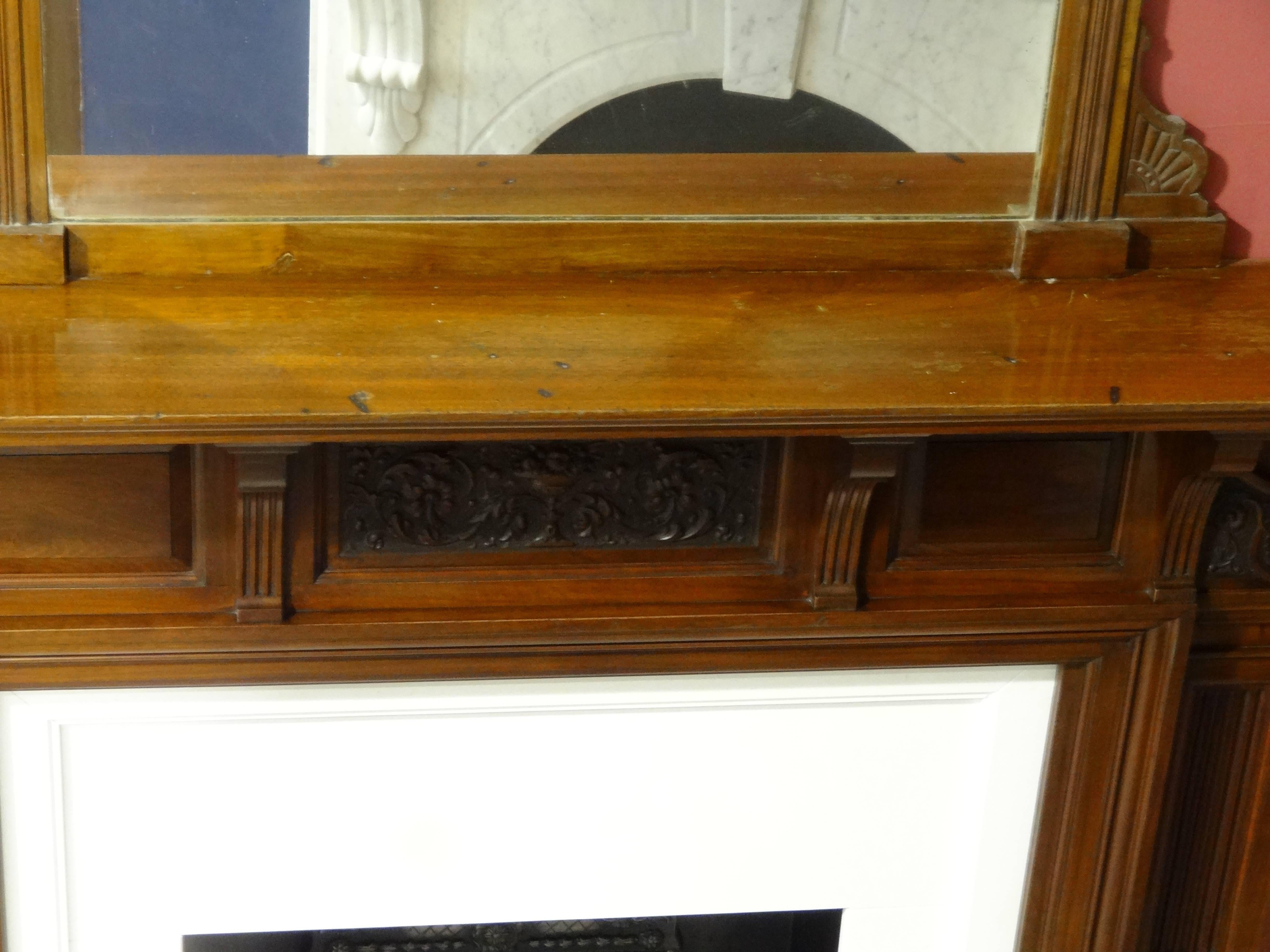 20th Century Edwardian Carved Walnut Fireplace Surround with Overmantel Mirror For Sale 1