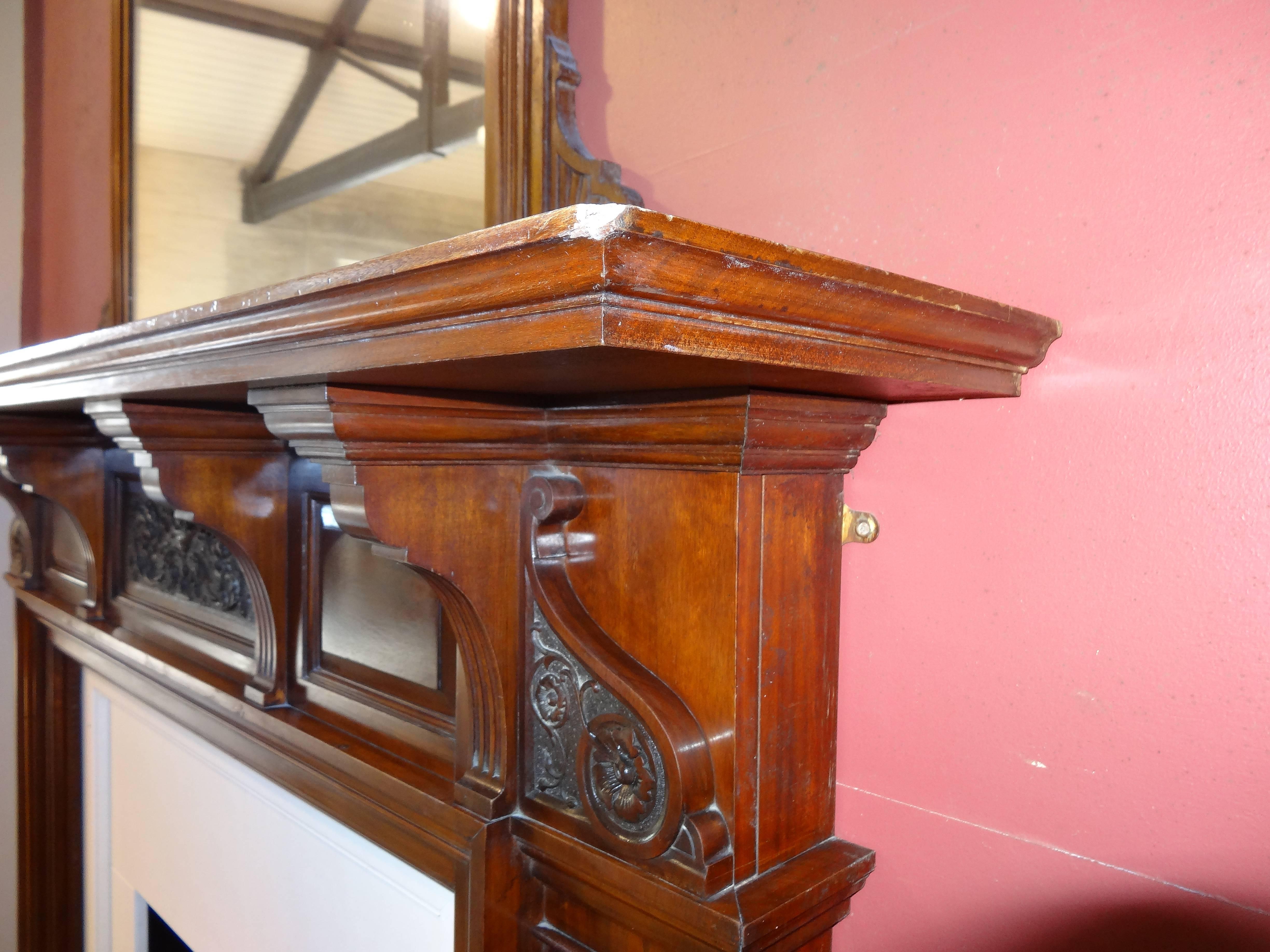 20th Century Edwardian Carved Walnut Fireplace Surround with Overmantel Mirror For Sale 2