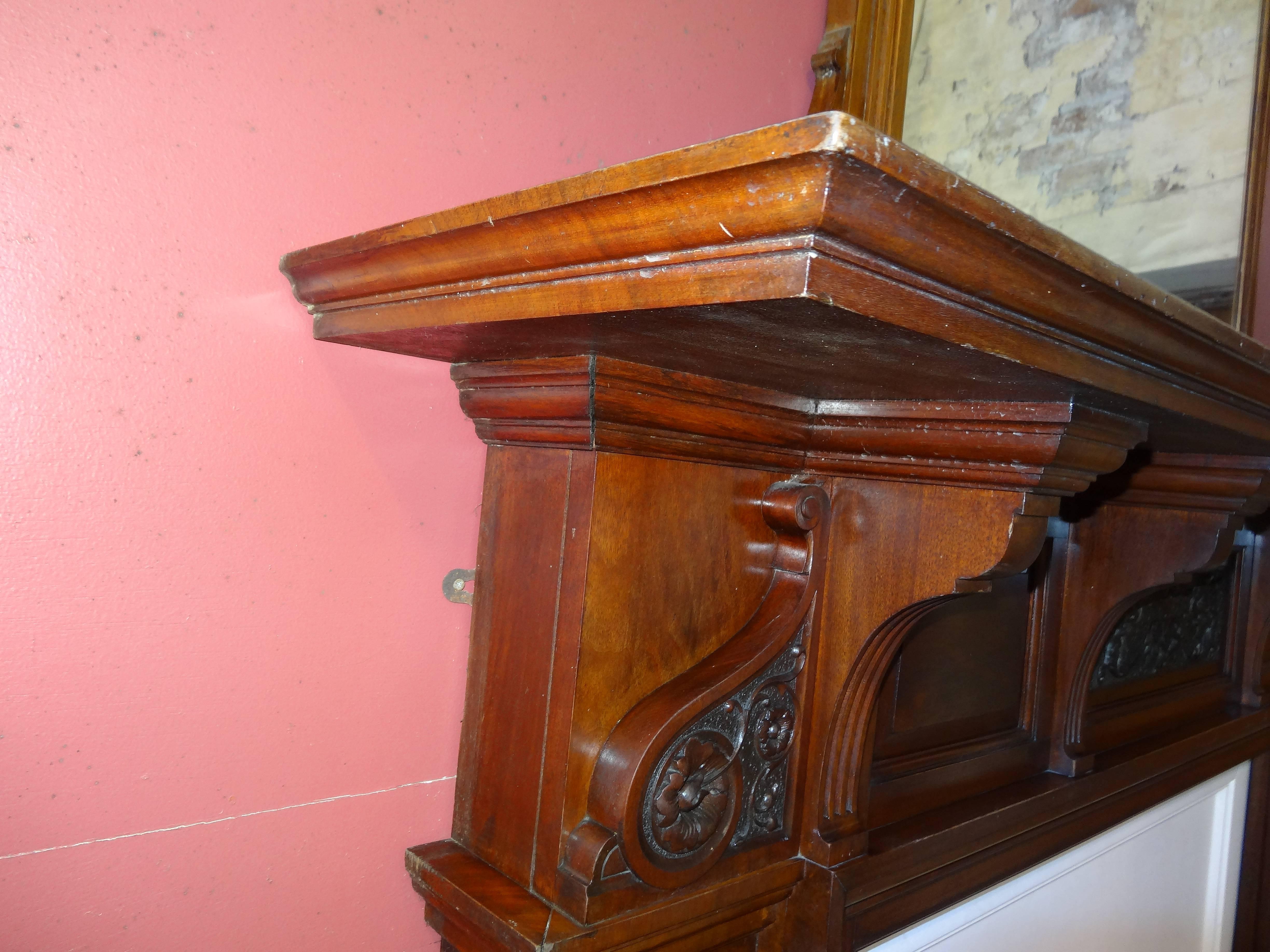 20th Century Edwardian Carved Walnut Fireplace Surround with Overmantel Mirror For Sale 3