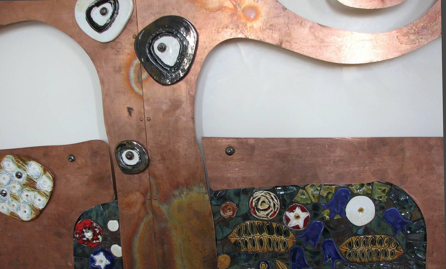 Italian Artistic Glazed Raku Ceramic and Copper Tree-Shaped Wall Decoration For Sale