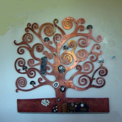 Artistic Glazed Raku Ceramic and Copper Tree-Shaped Wall Decoration