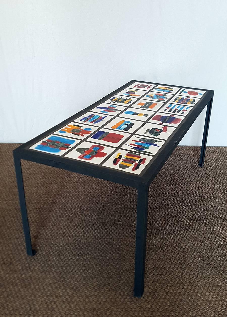 Glazed Colorful Rectangular Hand-Painted Ceramic Steel Dining Table For Sale