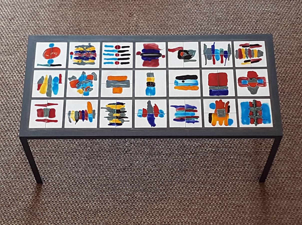 Italian Colorful Rectangular Hand-Painted Ceramic Steel Dining Table For Sale