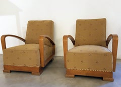 Pair of Fine Crafted Art Deco Armchairs in Nut Wood and Fabric Upholstery