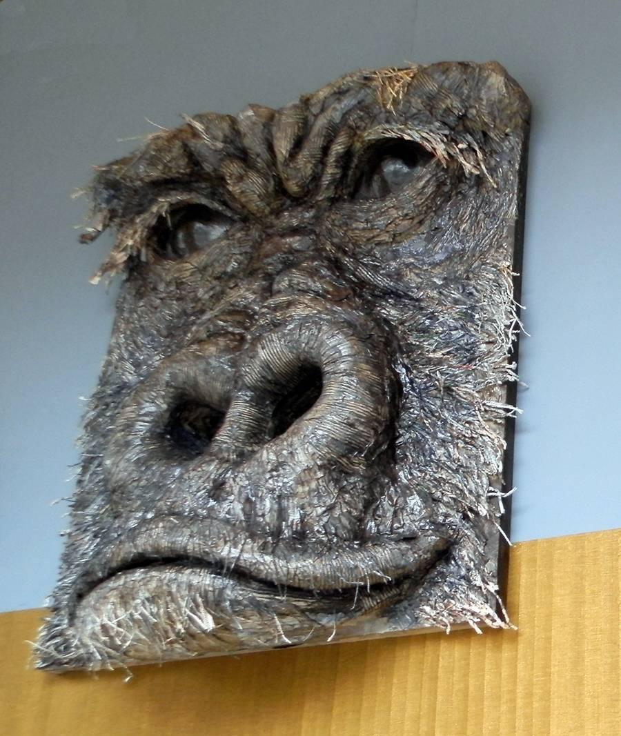 Gorilla sculpture: a mixed-media on wood panel made by Italian artist Matteo Volpati.
Volpati gives life to his sculptures/installations which seem to be imagined for a dream-like theater scene between childish fantasy and disturbing