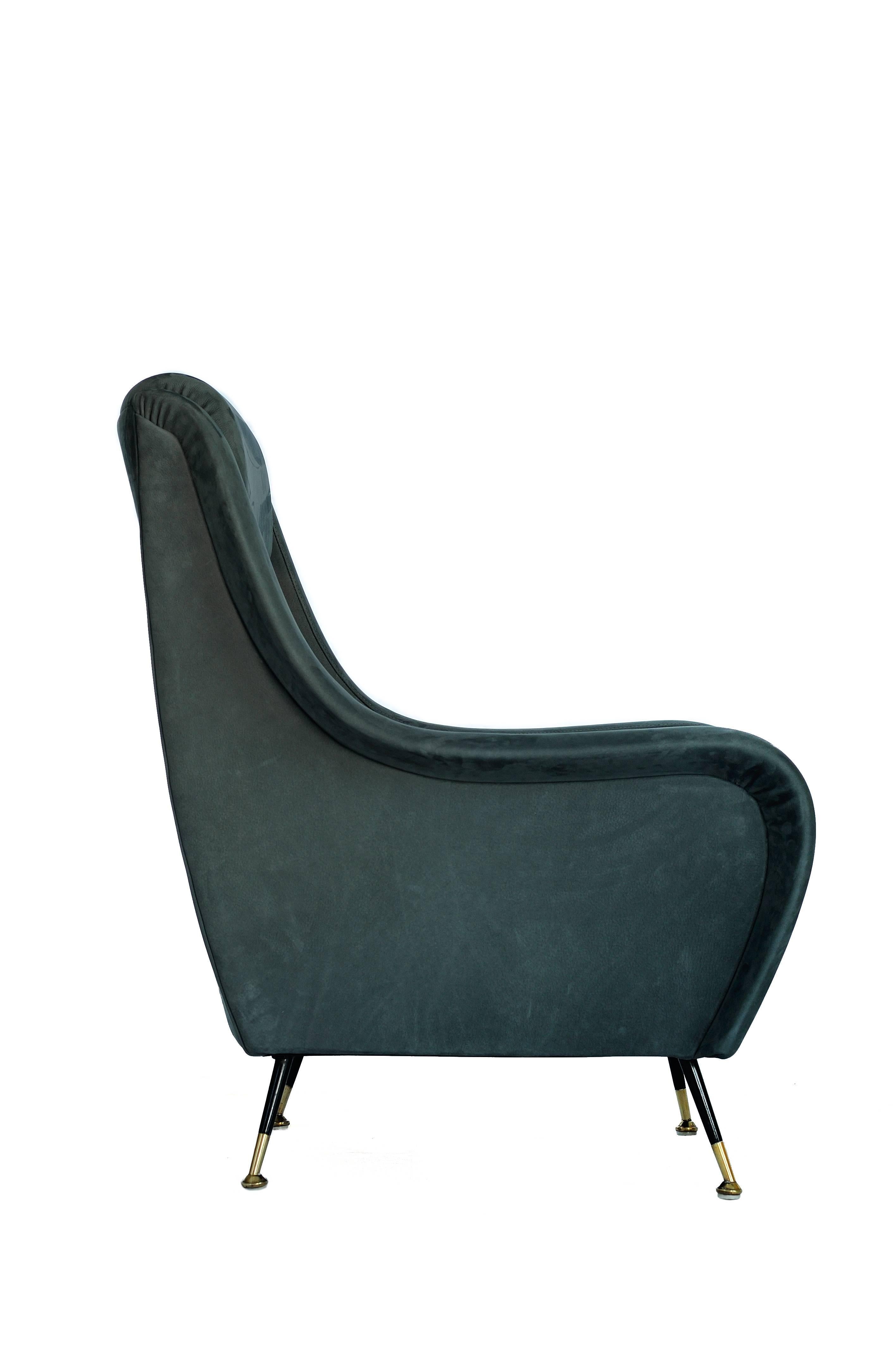 Other 1950s Inspired Contemporary Cone Shaped Leg Poplar Wood Nubuck Leather Armchairs For Sale