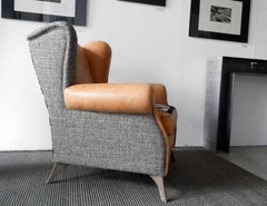 Italian Crafts Full-Grain Leather Epingle Fabric Patchwork Bergére Armchair