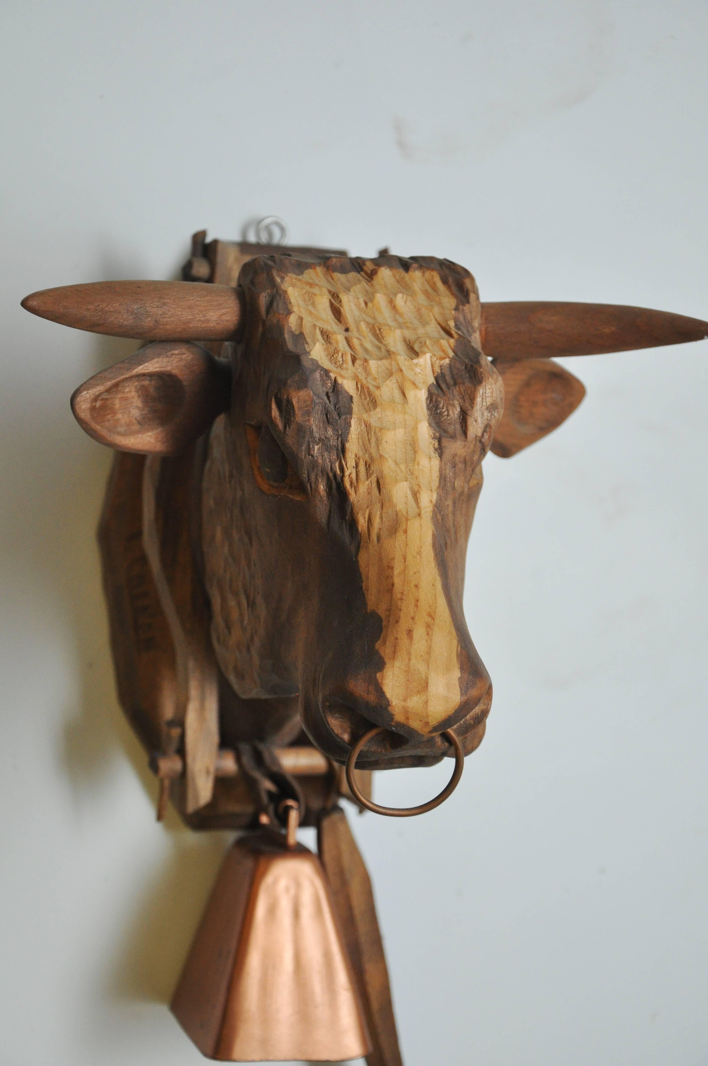 Wall-Mounted Antique Carved Wooden Bull/Cow Head In Good Condition In Geneva, IL