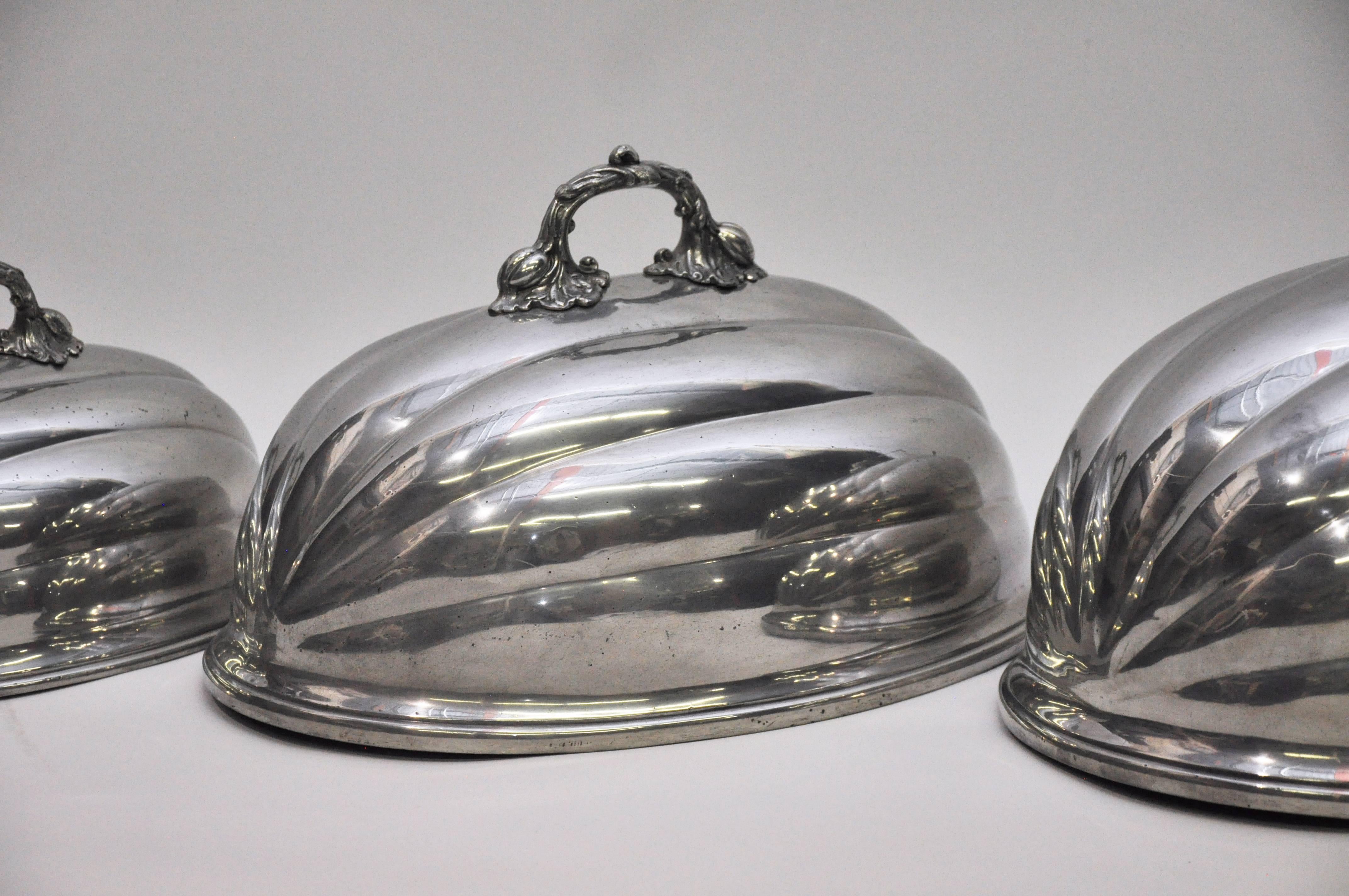 Pewter Set of Four Victorian English Graduated Size Meat and Food Domes by James Dixon For Sale