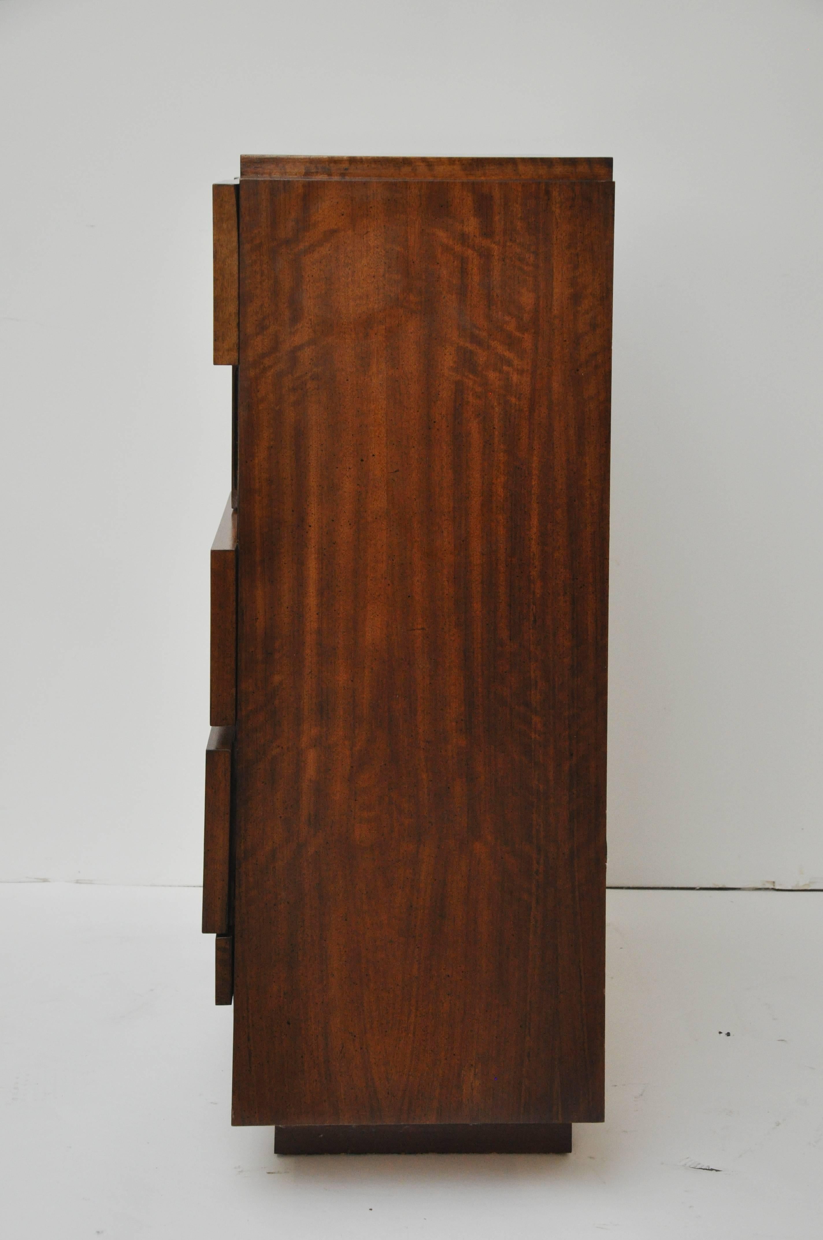 Mid-Century Modern highboy walnut dresser with five drawers from the Brutalist Mosaic Design series by Lane.