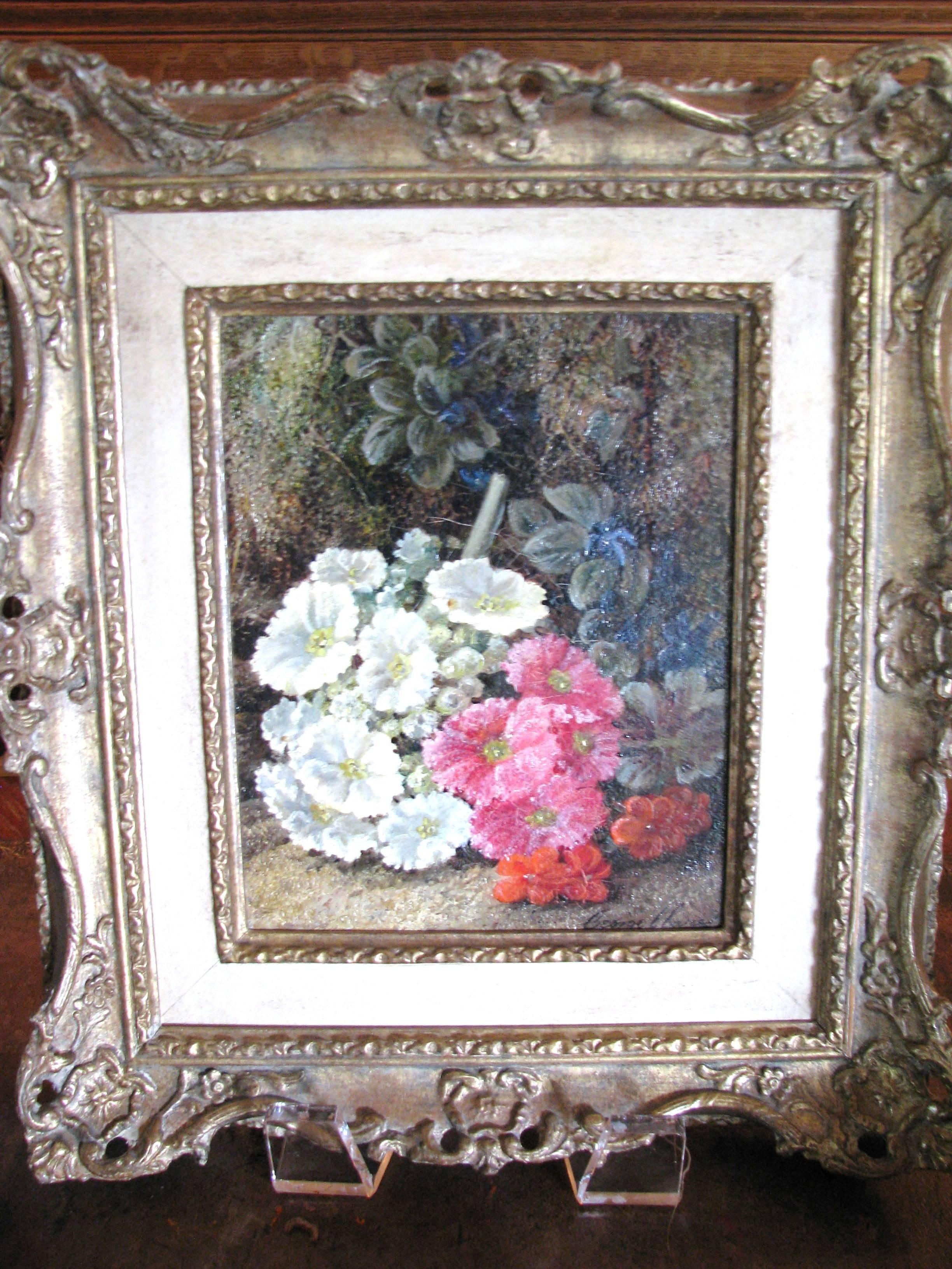 Charming floral painting on board by the well-known Victorian artist, George Clare. In excellent condition. There are a few very fine lines where the paint shows some separation (please see photos), but the surface is stabile and solid.

 The