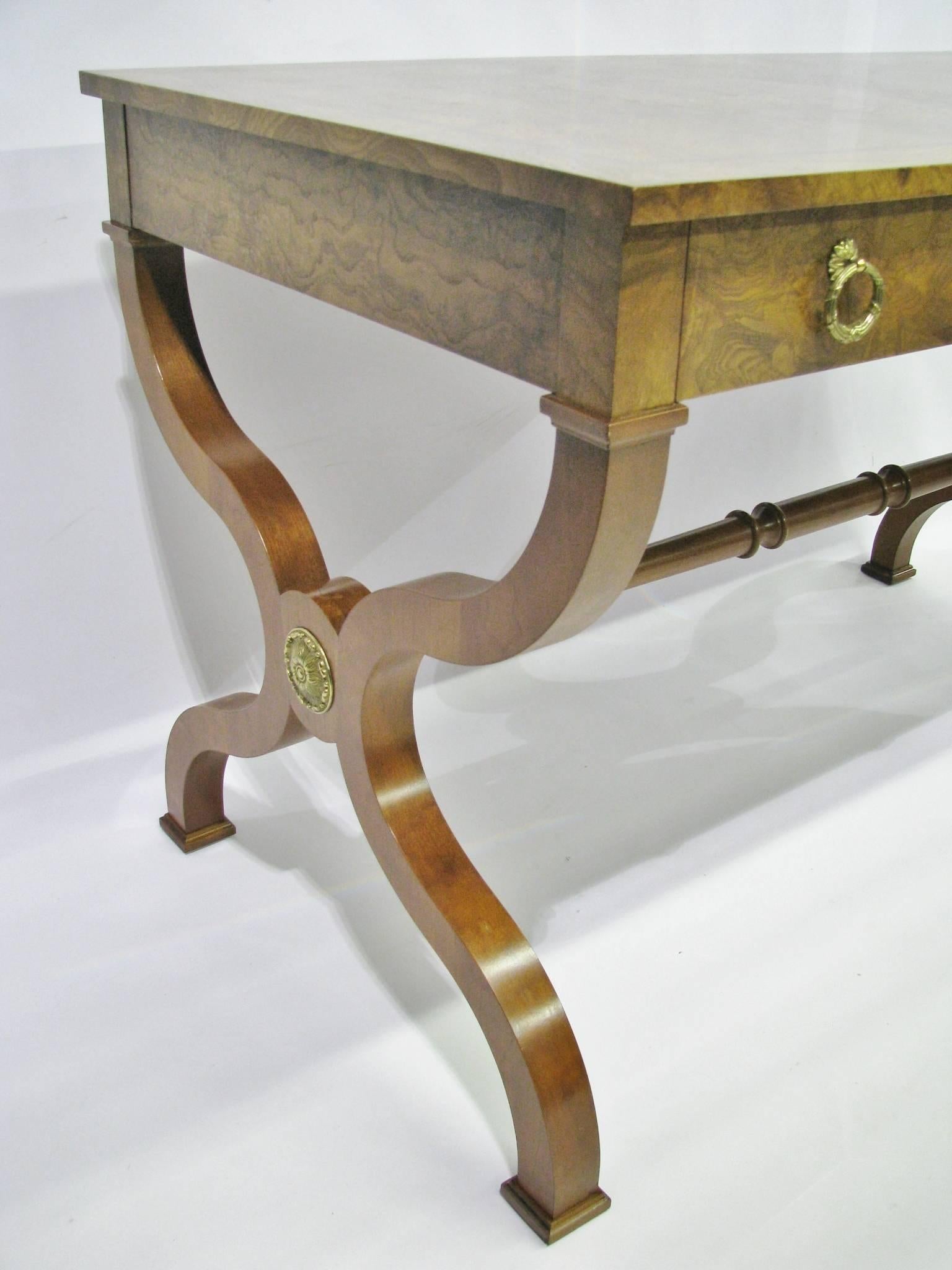 Cast Baker Furniture Regency Style Writing Desk with Burled Walnut Veneer For Sale