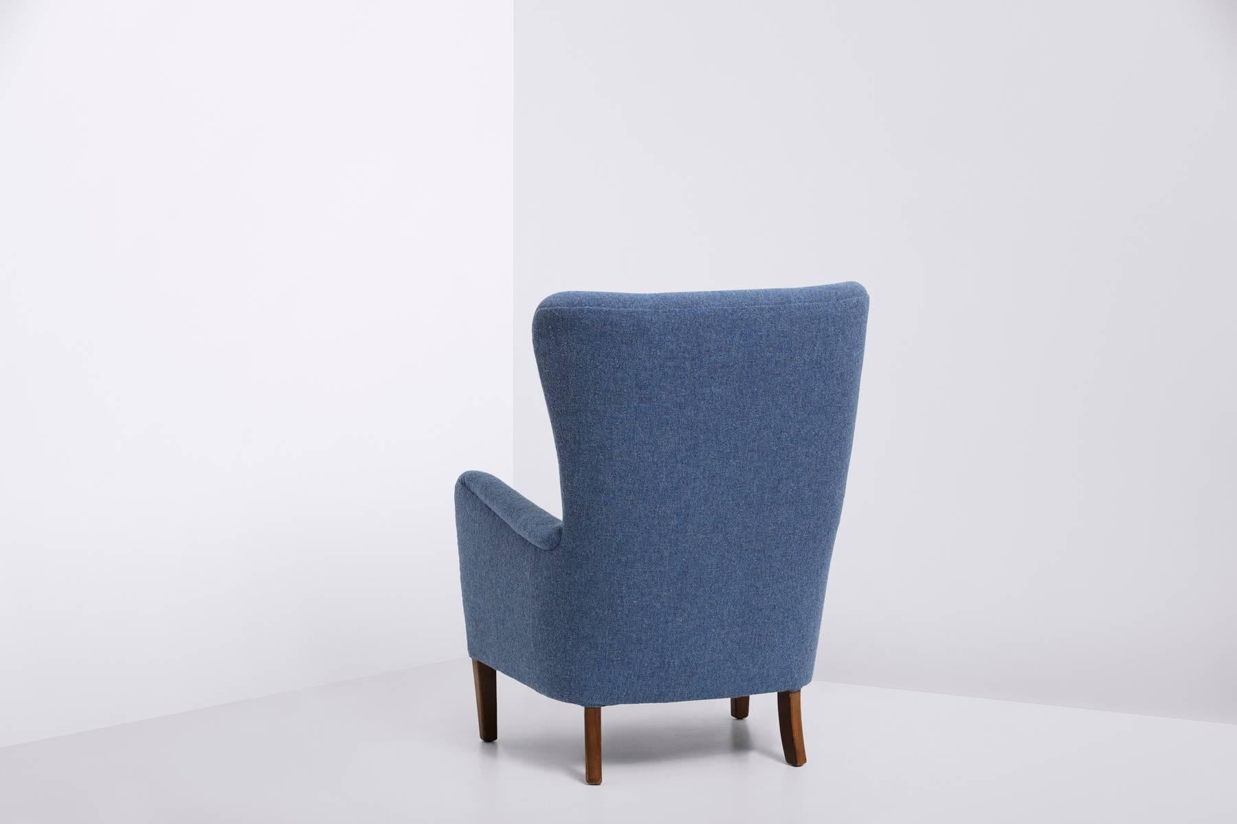 Mid-Century Modern Danish Produced Wingback Chair, 1940s, Blue Wool Upholstery by Kvadrat For Sale