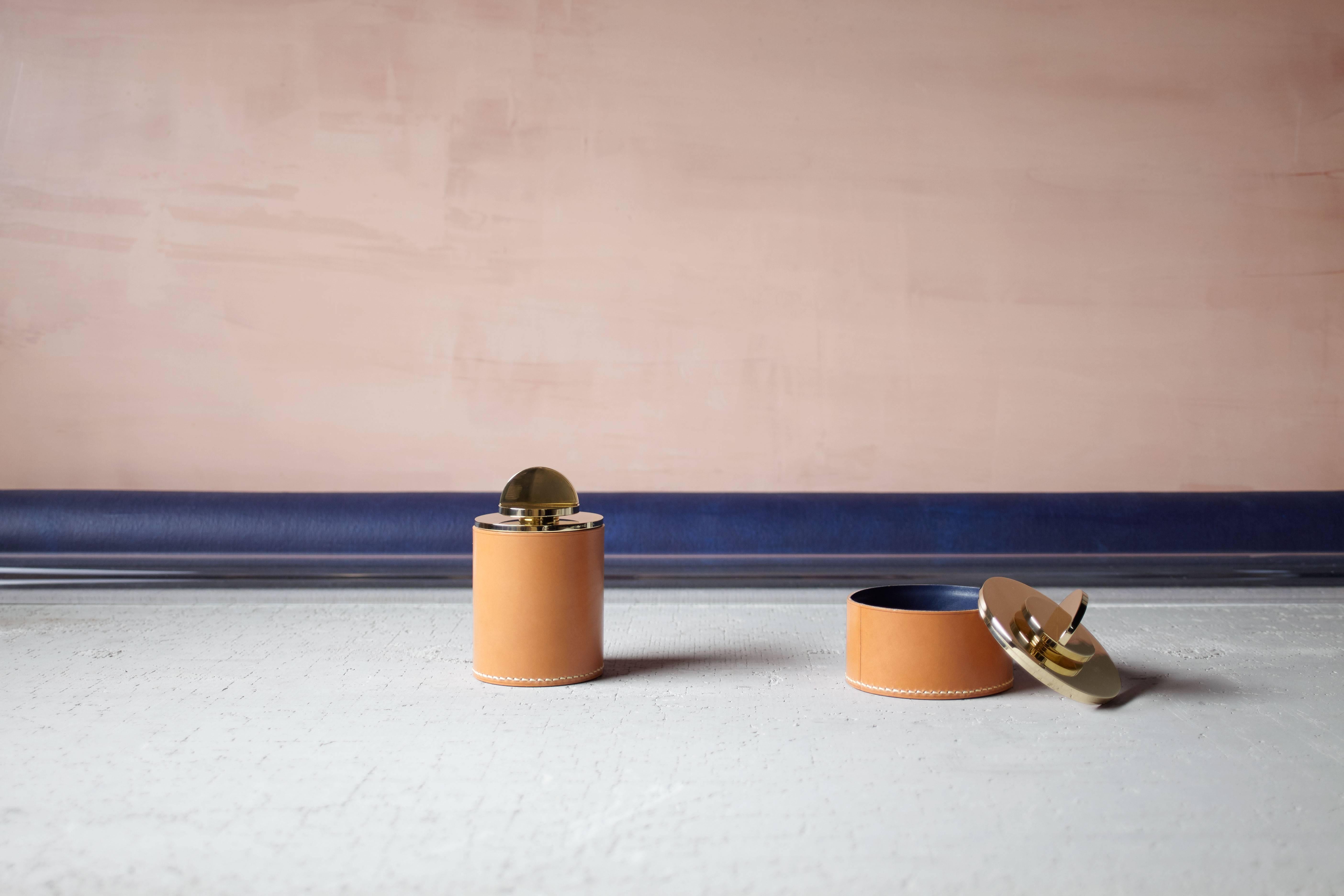 Contemporary Round Italian Leather & Swedish Brass Modern Minimalist Artisan Box For Sale 1